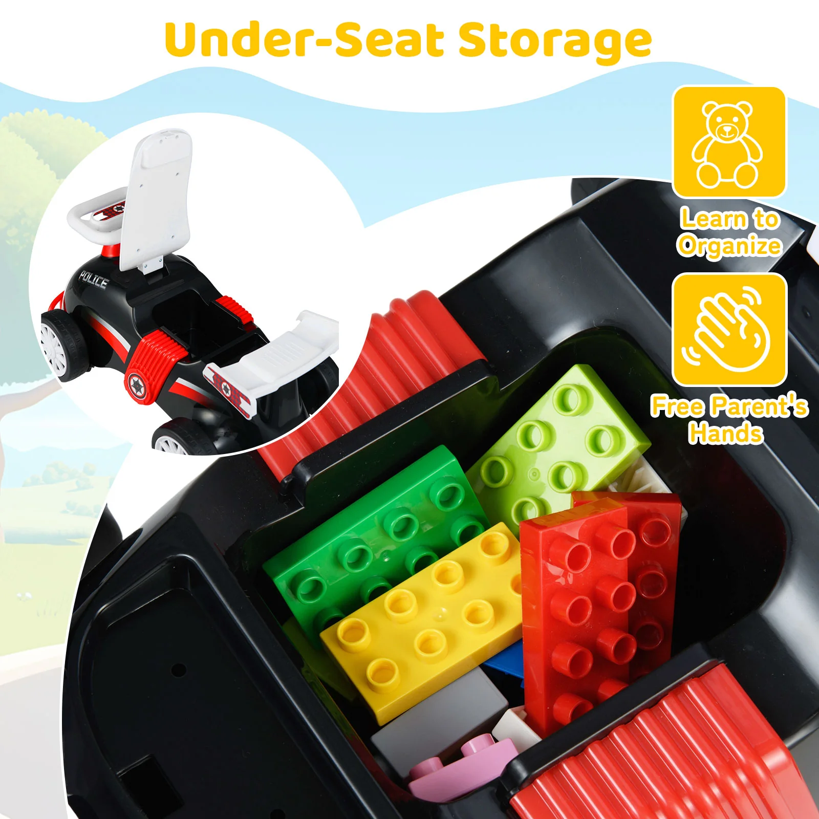 Kids Ride On Car Sliding Toy with Music and Under-Seat Storage, Black & Red - Image 9