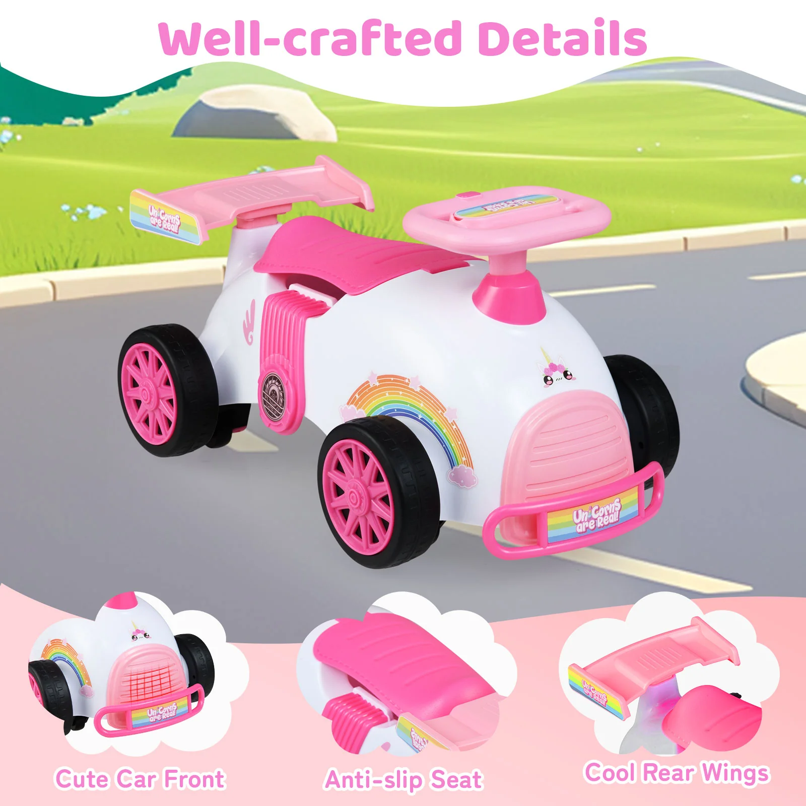Kids Ride On Car Sliding Toy with Music and Under-Seat Storage, Pink - Image 10