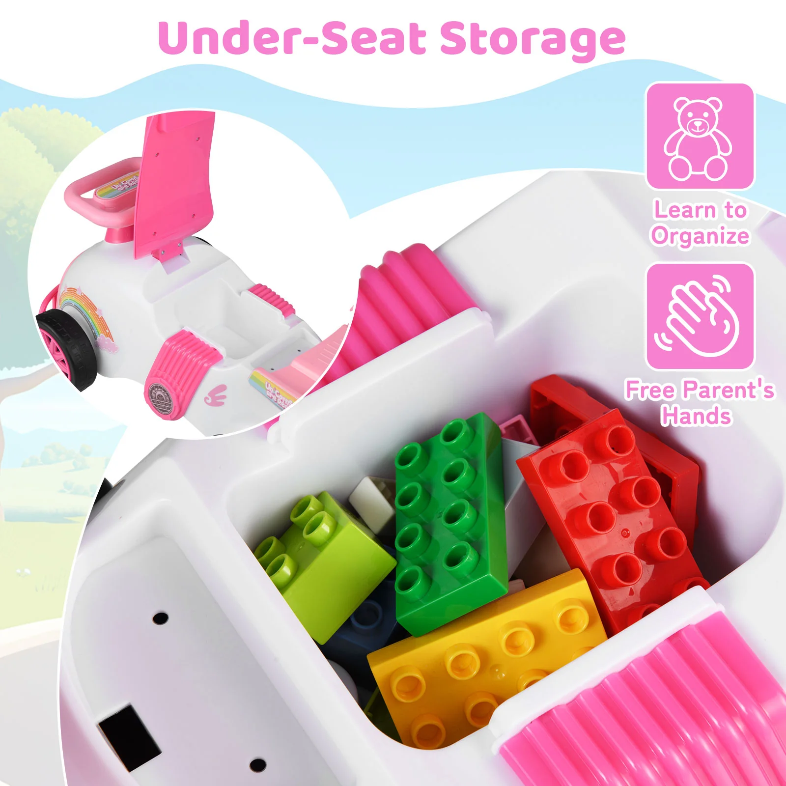 Kids Ride On Car Sliding Toy with Music and Under-Seat Storage, Pink - Image 8