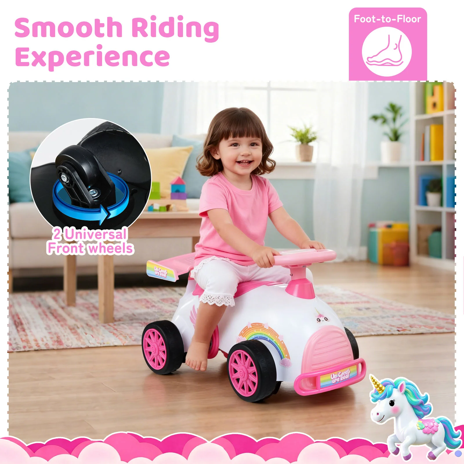 Kids Ride On Car Sliding Toy with Music and Under-Seat Storage, Pink - Image 9