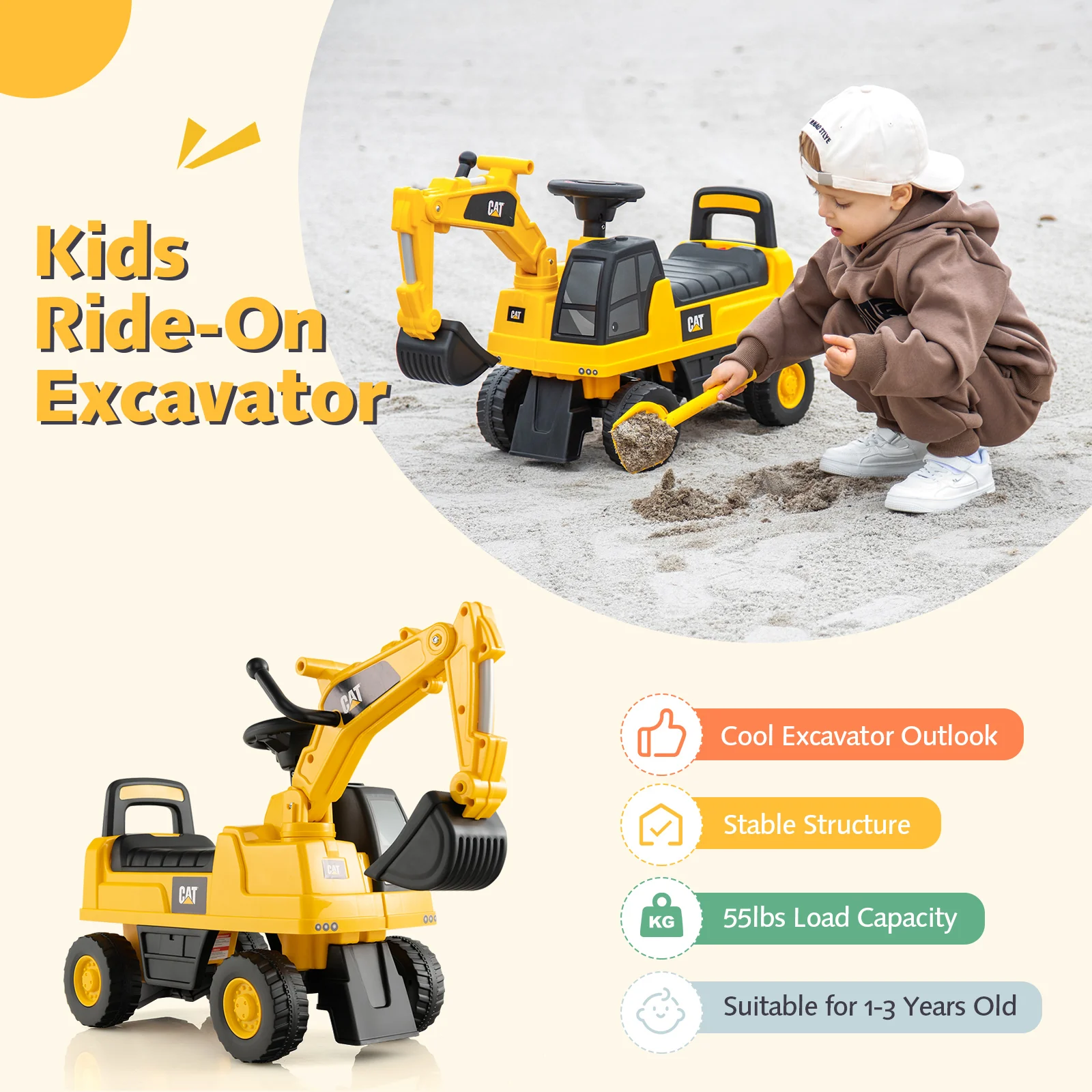 Kids Ride-On Digger, Yellow - Image 7