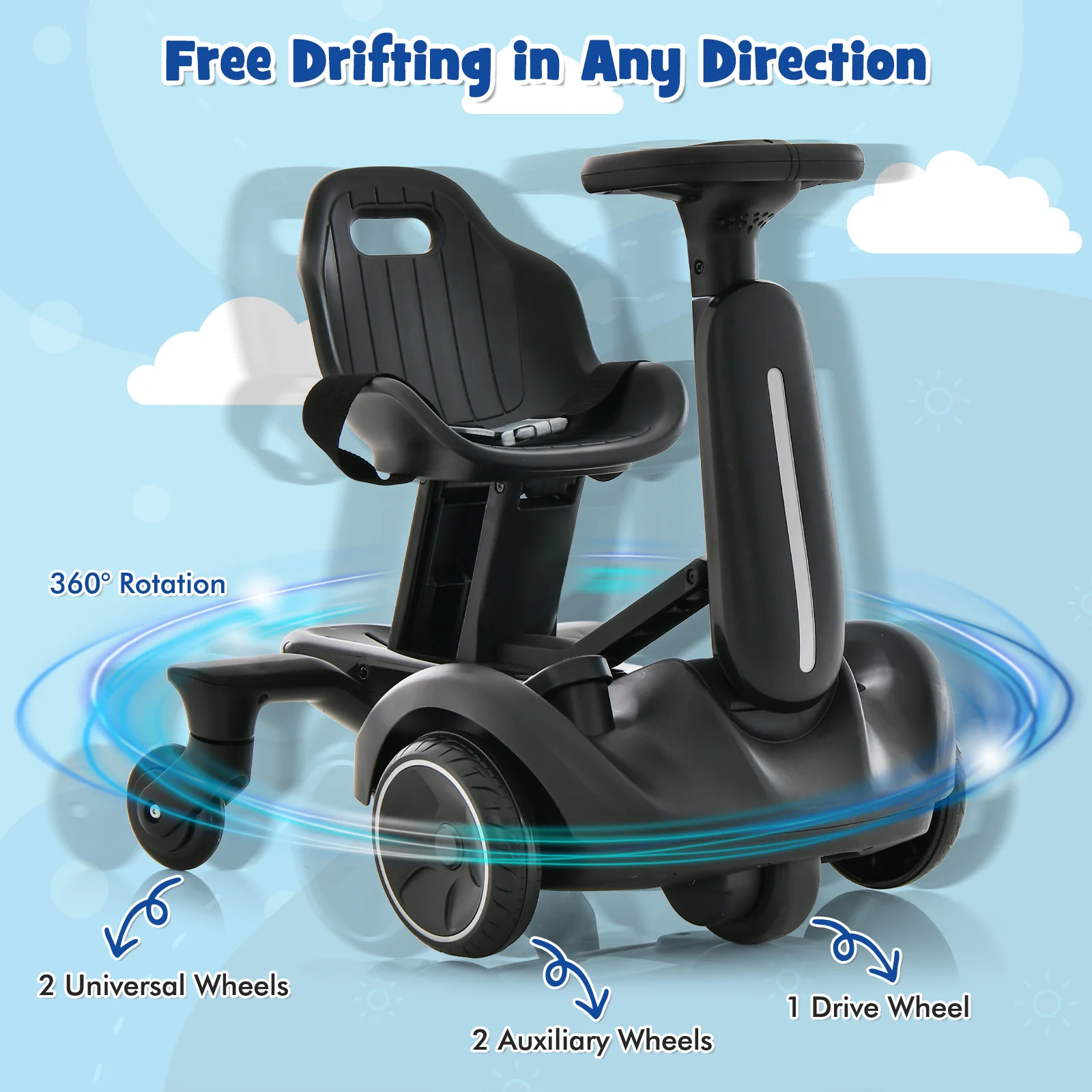 Kids Ride On Drift Car, 6V, 360 Spin, 2 Heights, Black - Image 9