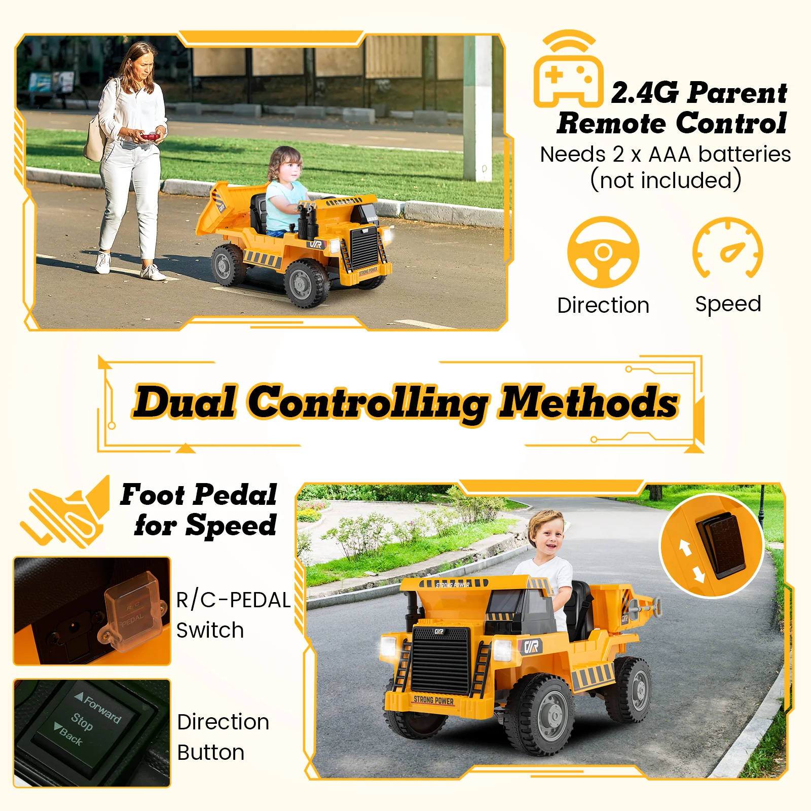 Kids Ride On Dump Truck, 12V Electric Dump Bed, Yellow - Image 8