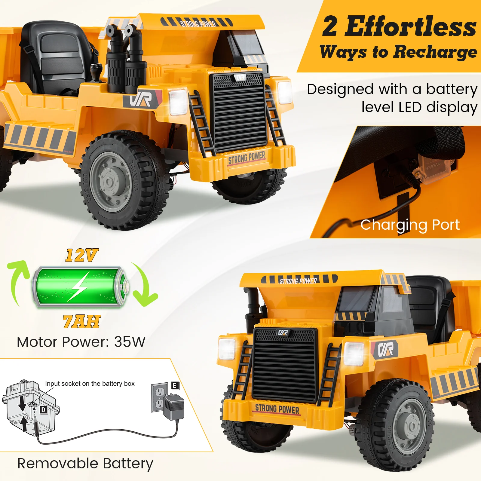 Kids Ride On Dump Truck, 12V Electric Dump Bed, Yellow - Image 9