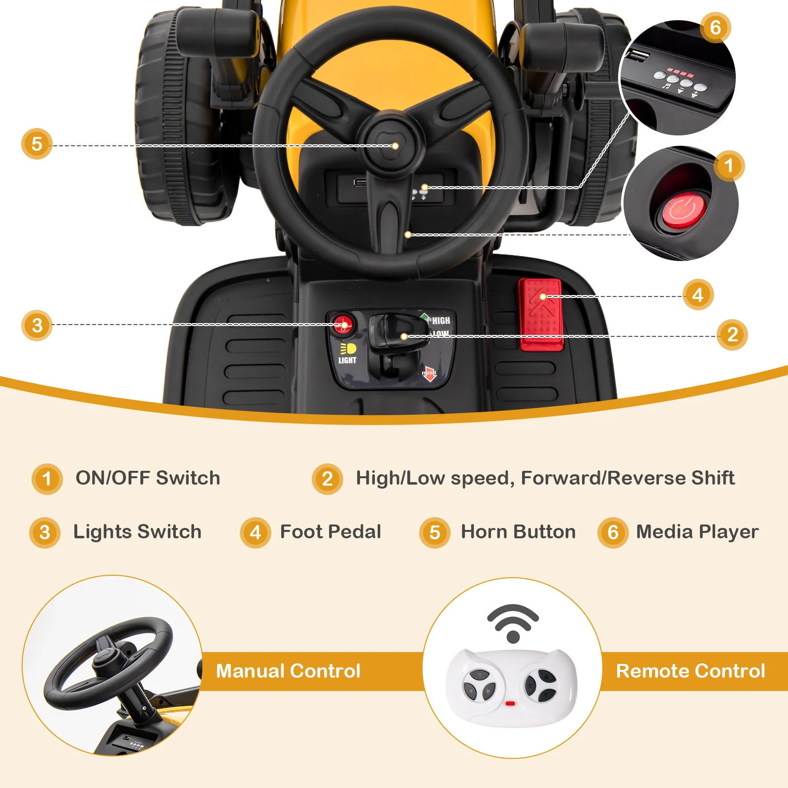 Kids Ride On Excavator, 12V Battery Powered, Adjustable Arm And Bucket, Yellow - Image 10