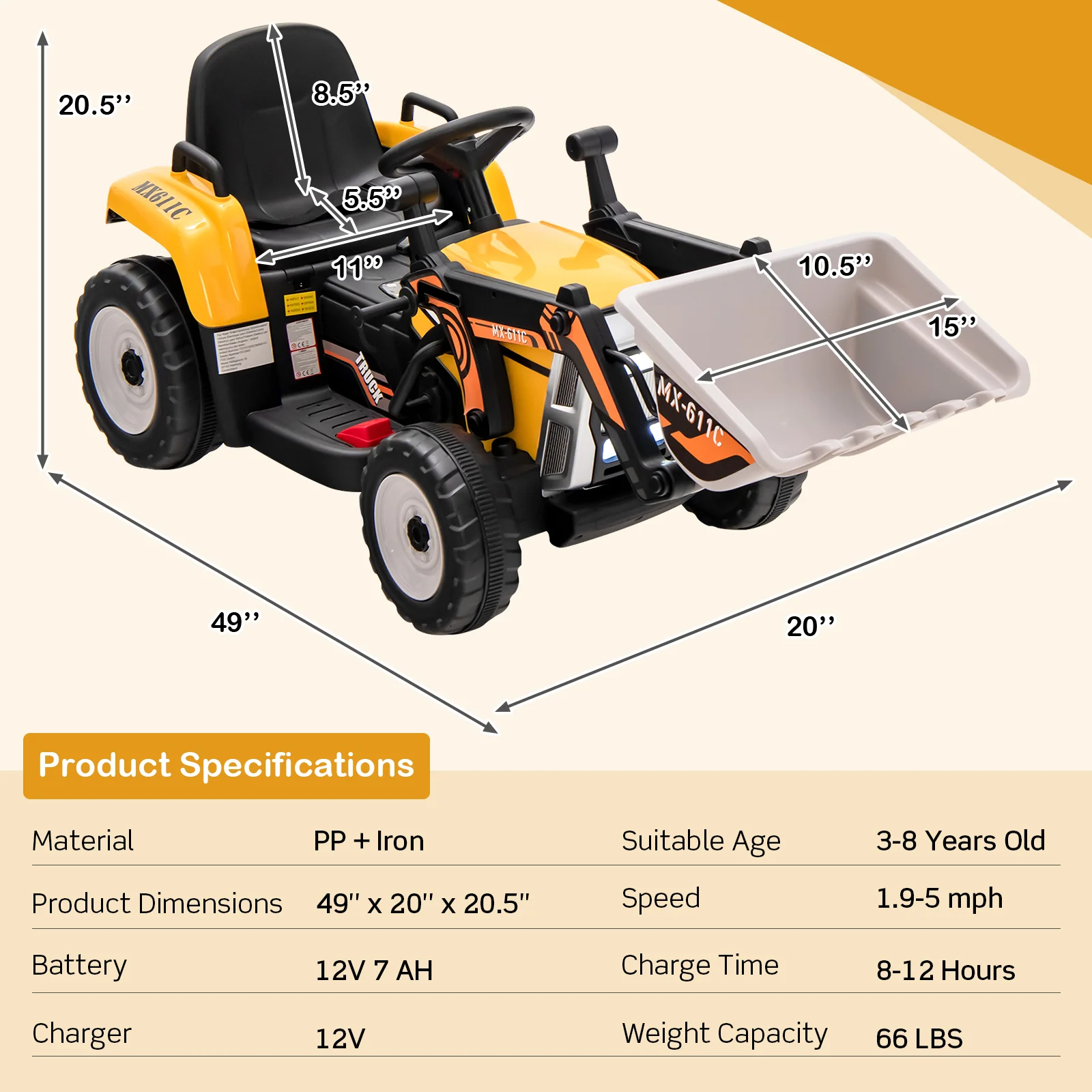Kids Ride On Excavator, 12V Battery Powered, Adjustable Arm And Bucket, Yellow - Image 5