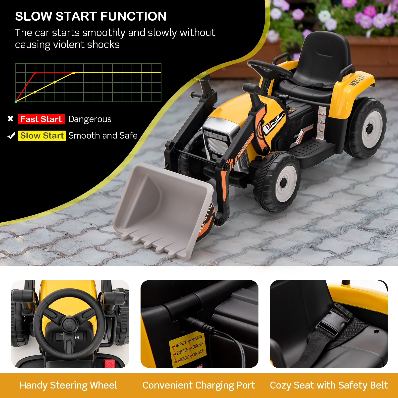 Kids Ride On Excavator, 12V Battery Powered, Adjustable Arm And Bucket, Yellow - Image 6