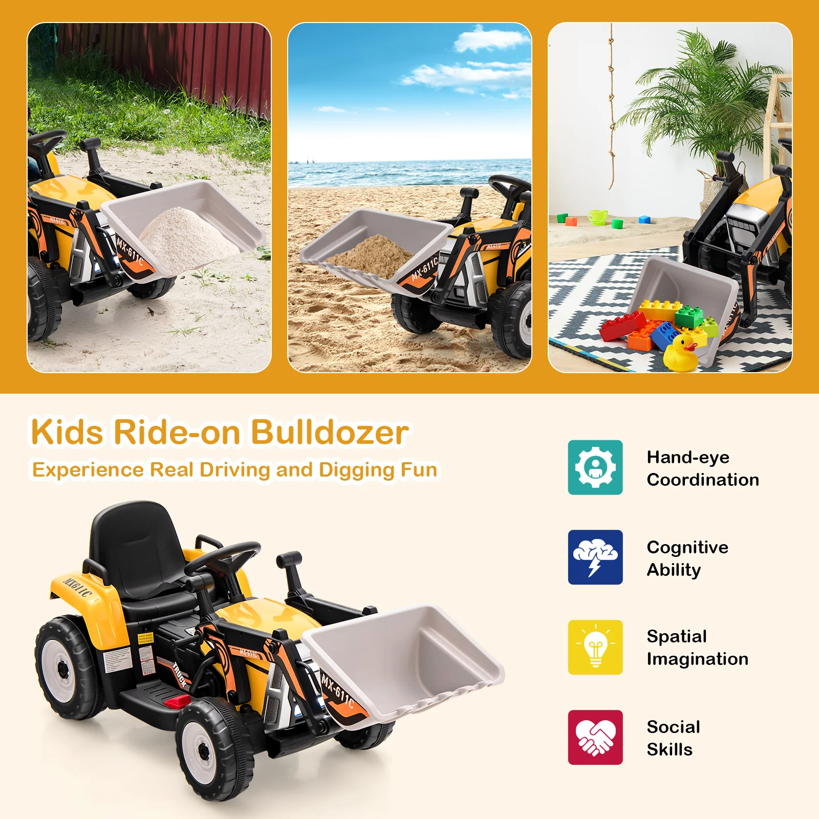 Kids Ride On Excavator, 12V Battery Powered, Adjustable Arm And Bucket, Yellow - Image 7