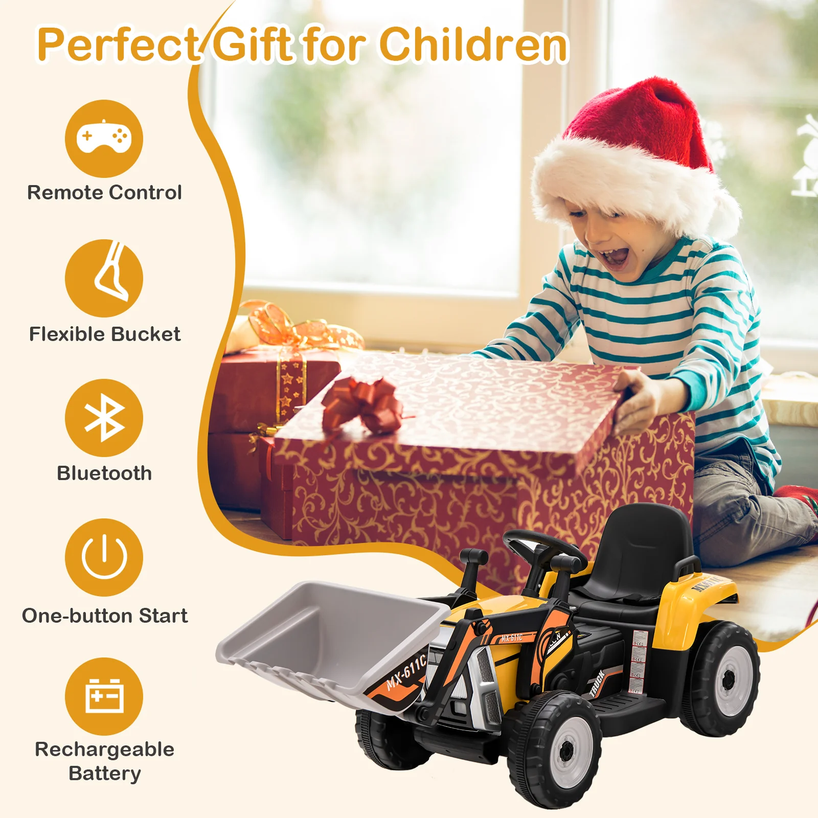 Kids Ride On Excavator, 12V Battery Powered, Adjustable Arm And Bucket, Yellow - Image 8