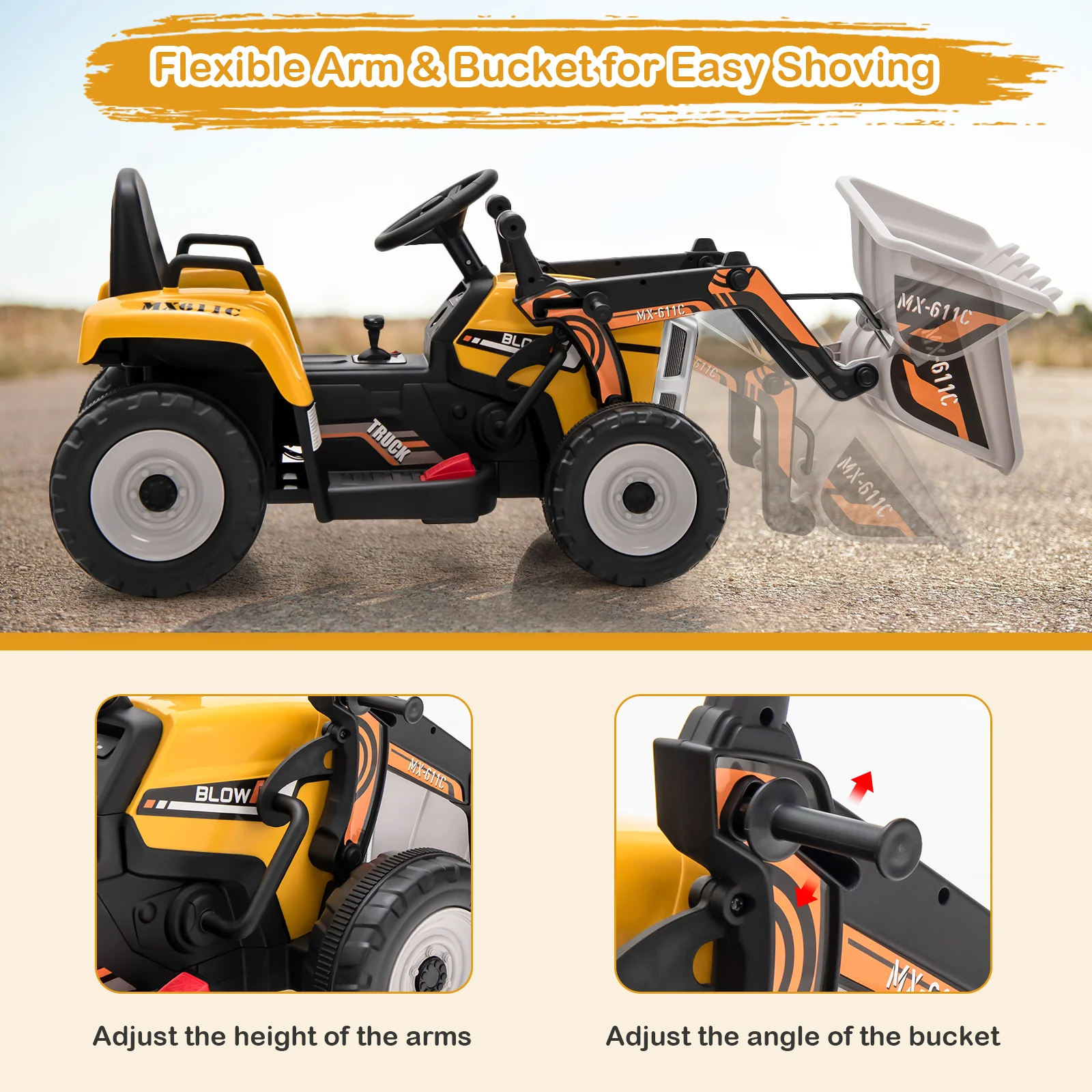 Kids Ride On Excavator, 12V Battery Powered, Adjustable Arm And Bucket, Yellow - Image 9