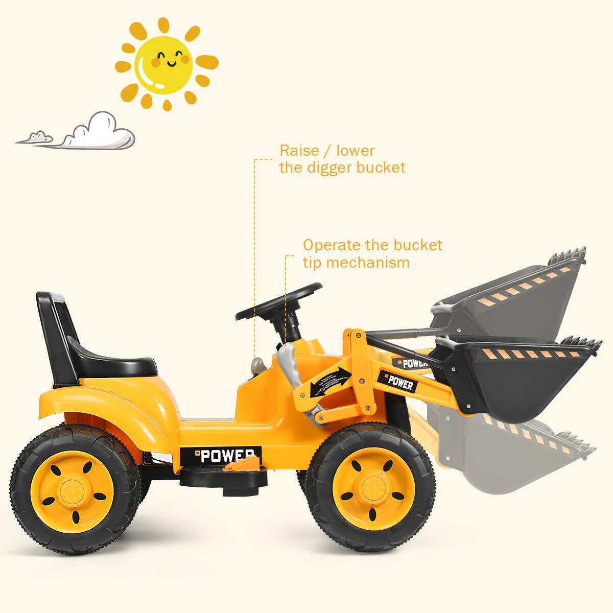Kids Ride On Excavator Digger, 6V Battery Powered Tractor, Yellow - Image 5