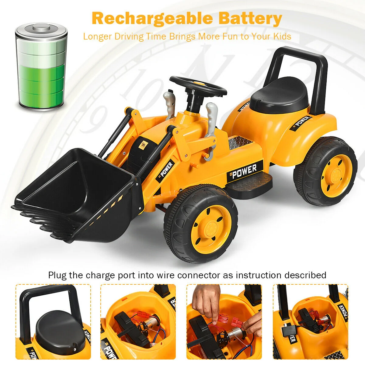 Kids Ride On Excavator Digger, 6V Battery Powered Tractor, Yellow - Image 8