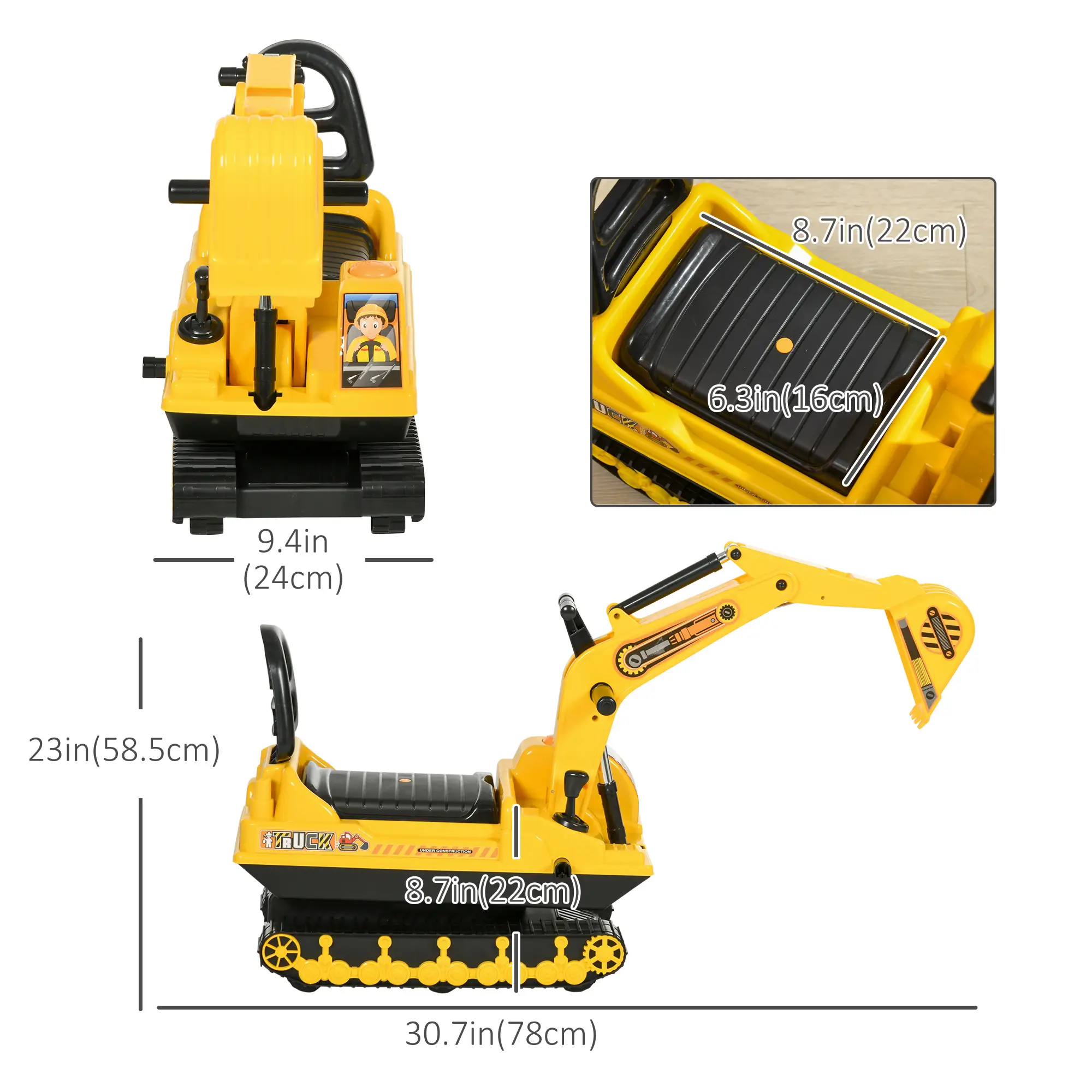 Kids Ride-On Excavator with Digger, Pretend Play Truck, Under Seat Storage - Image 3