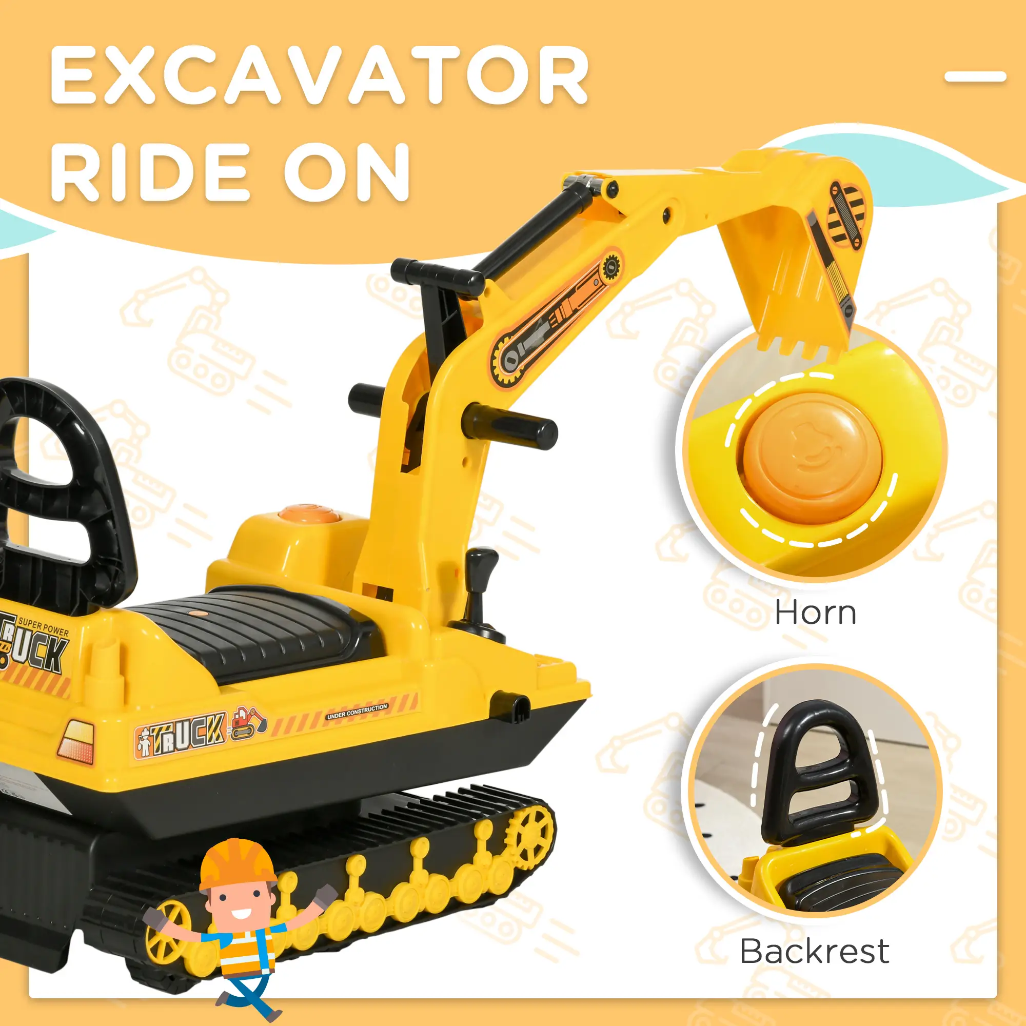 Kids Ride-On Excavator with Digger, Pretend Play Truck, Under Seat Storage - Image 4