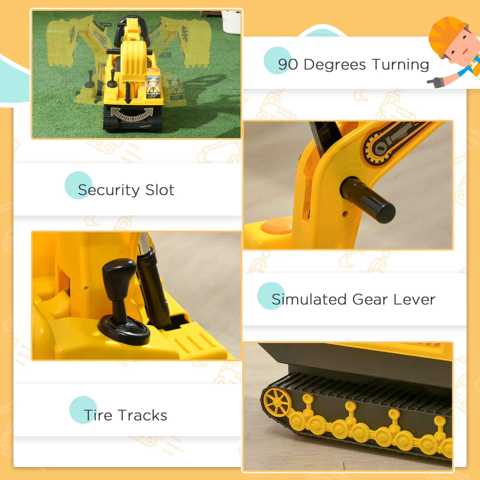 Kids Ride-On Excavator with Digger, Pretend Play Truck, Under Seat Storage - Image 5