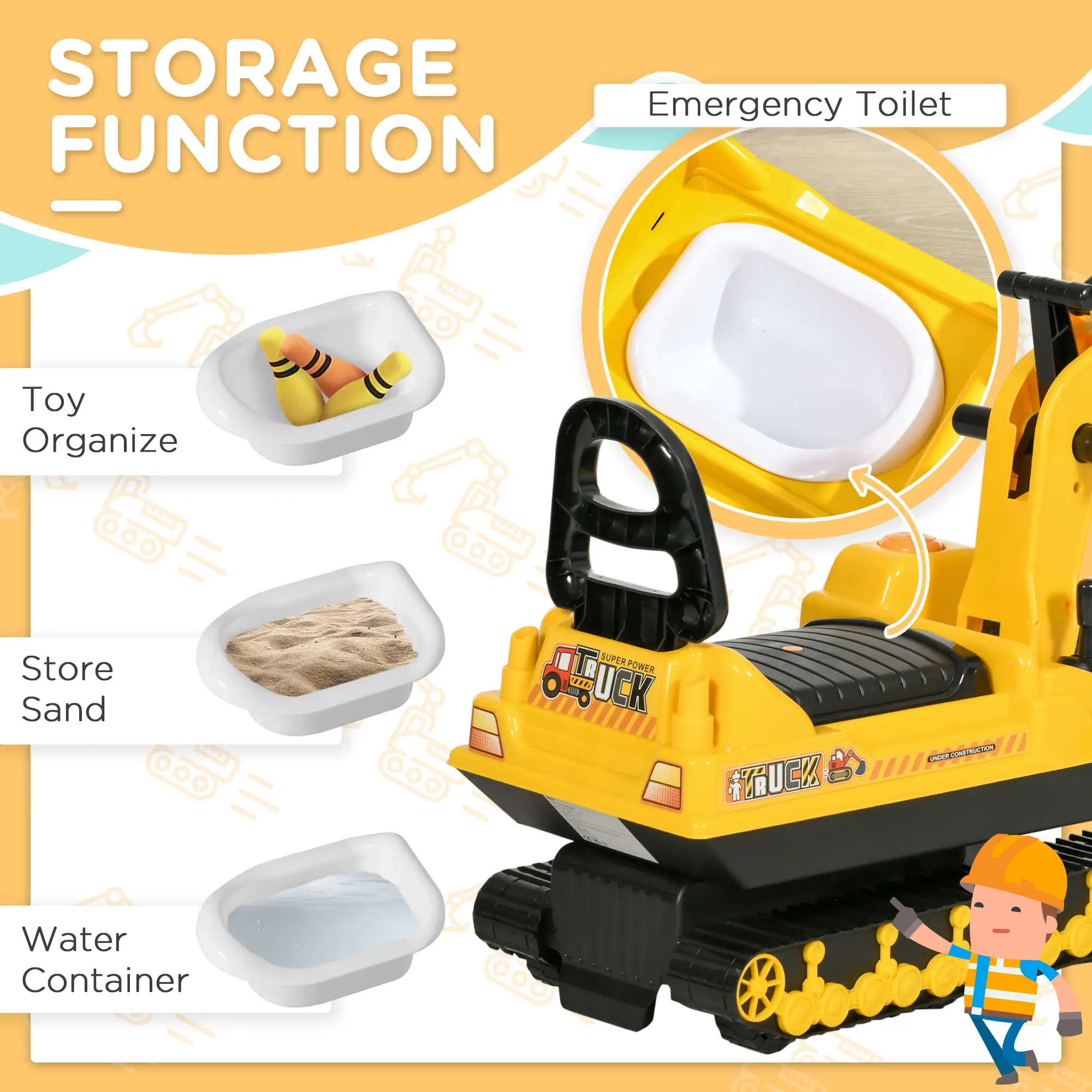 Kids Ride-On Excavator with Digger, Pretend Play Truck, Under Seat Storage - Image 6