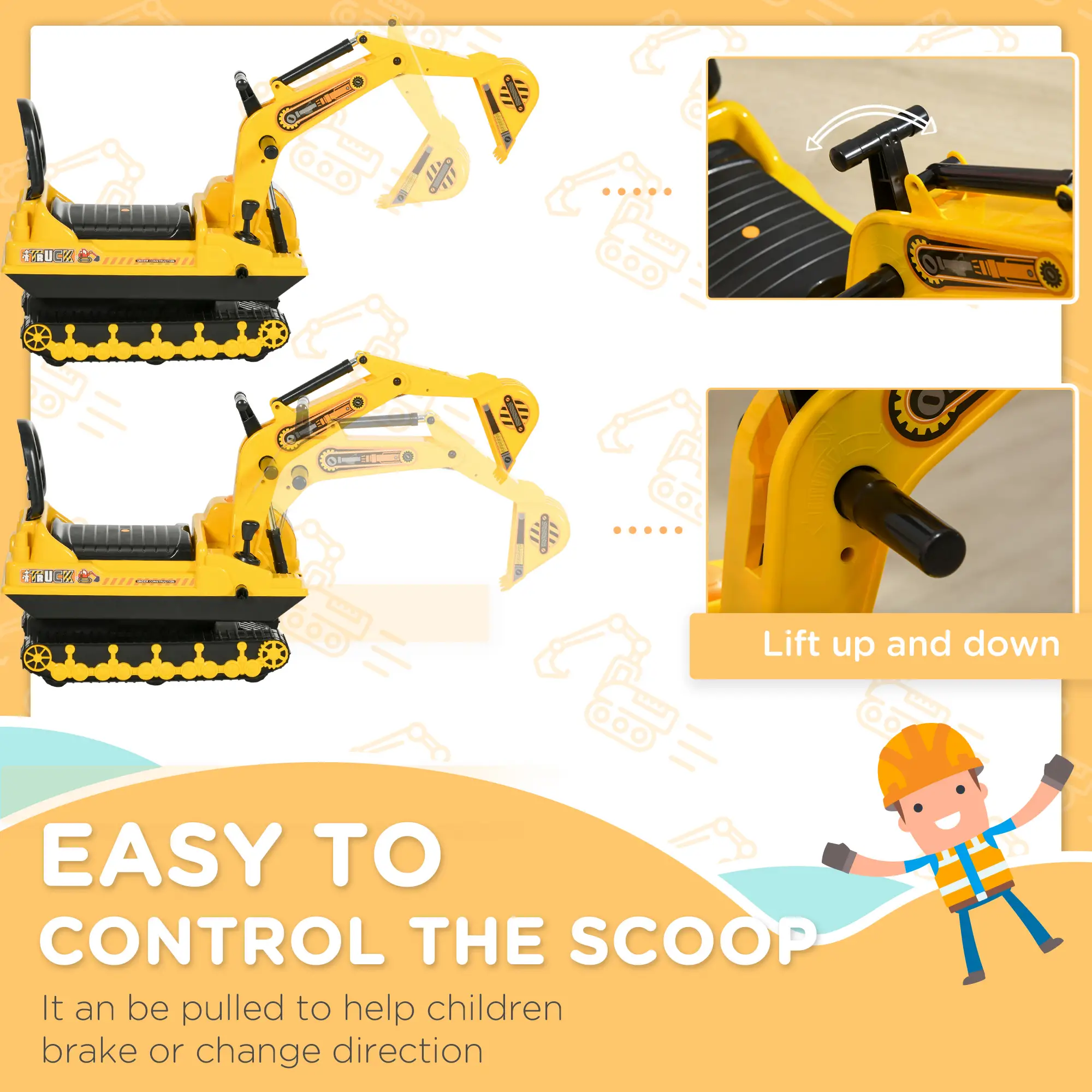 Kids Ride-On Excavator with Digger, Pretend Play Truck, Under Seat Storage - Image 7