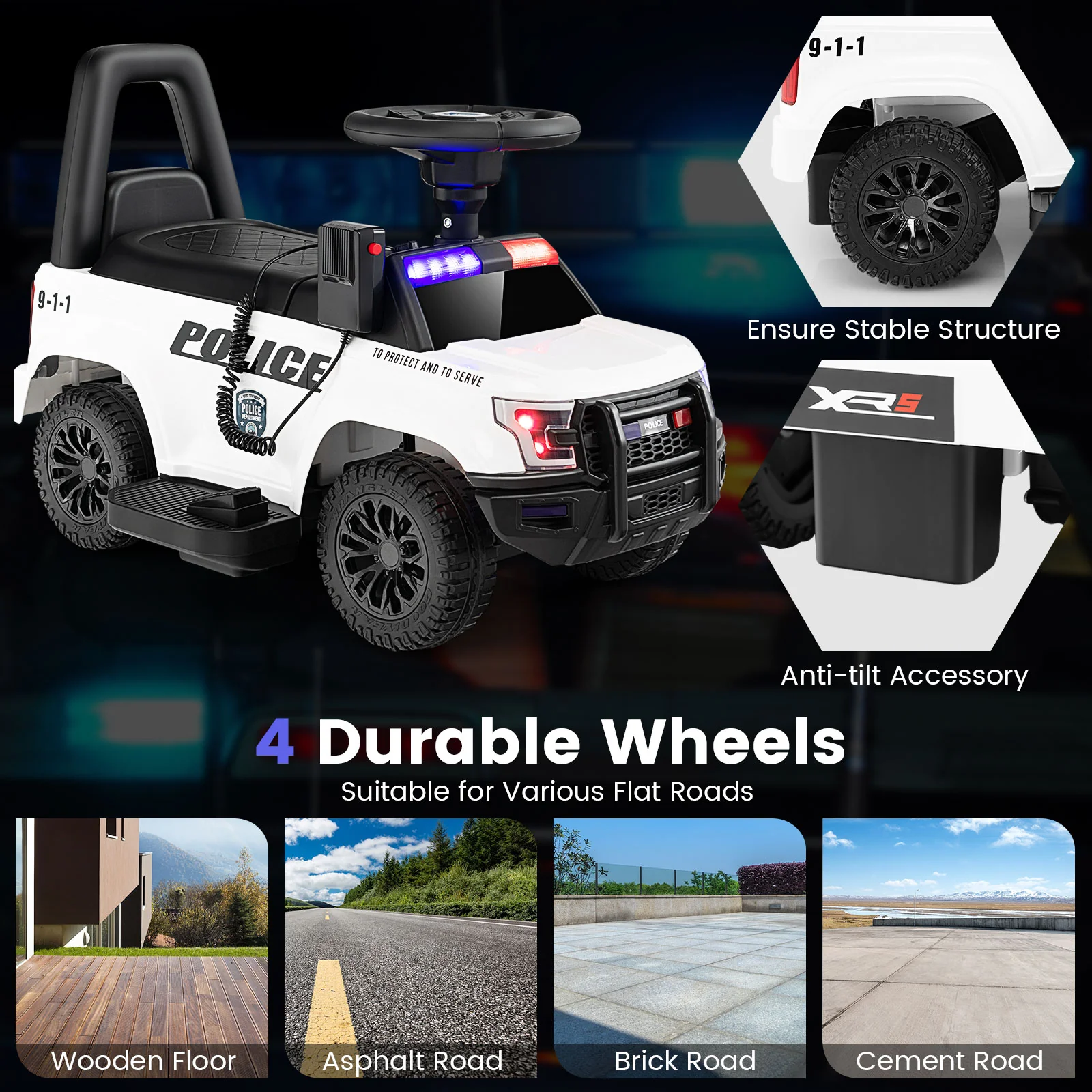 Kids Ride On Police Car, 6V, Real Megaphone Siren Lights, White - Image 10