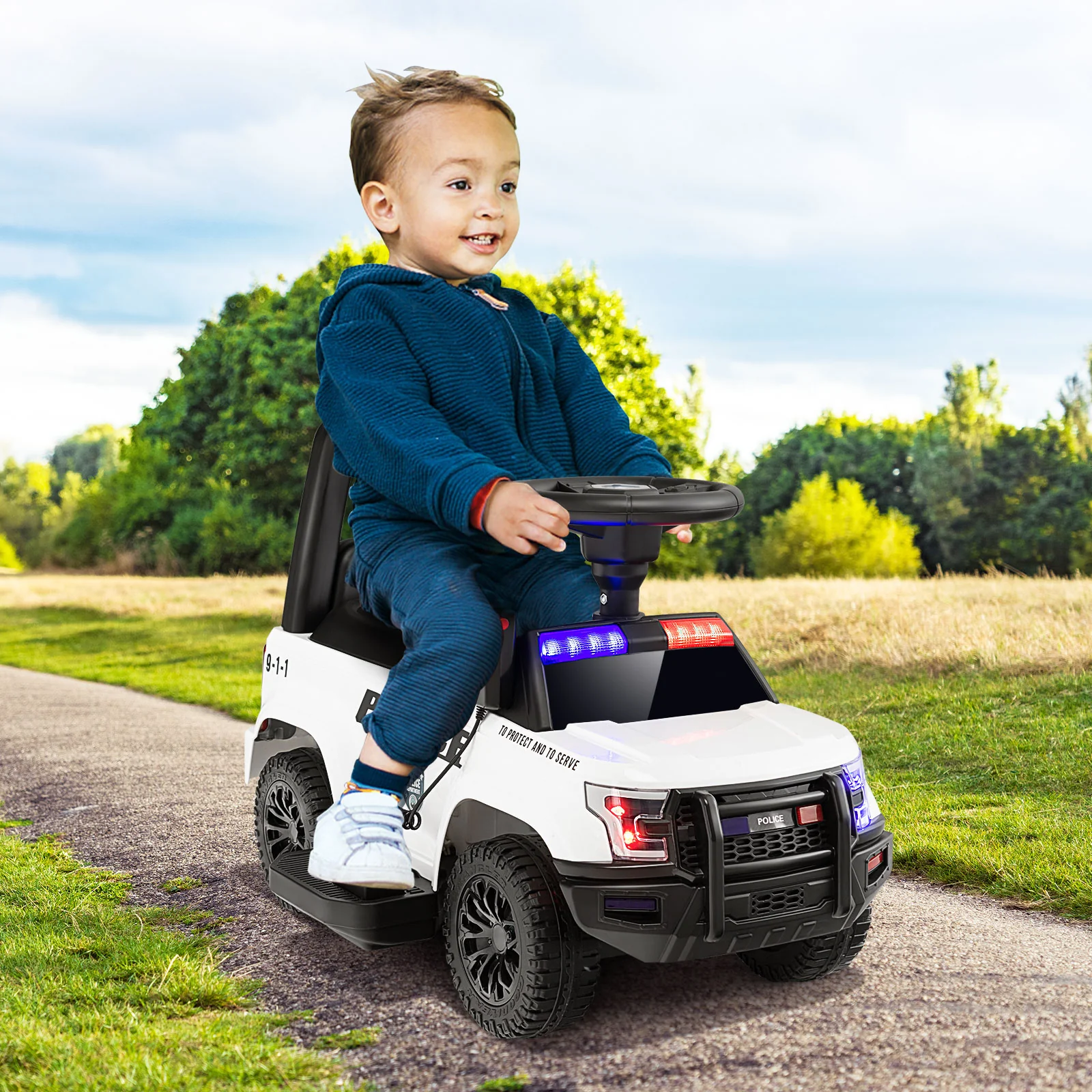 Kids Ride On Police Car, 6V, Real Megaphone Siren Lights, White - Image 3