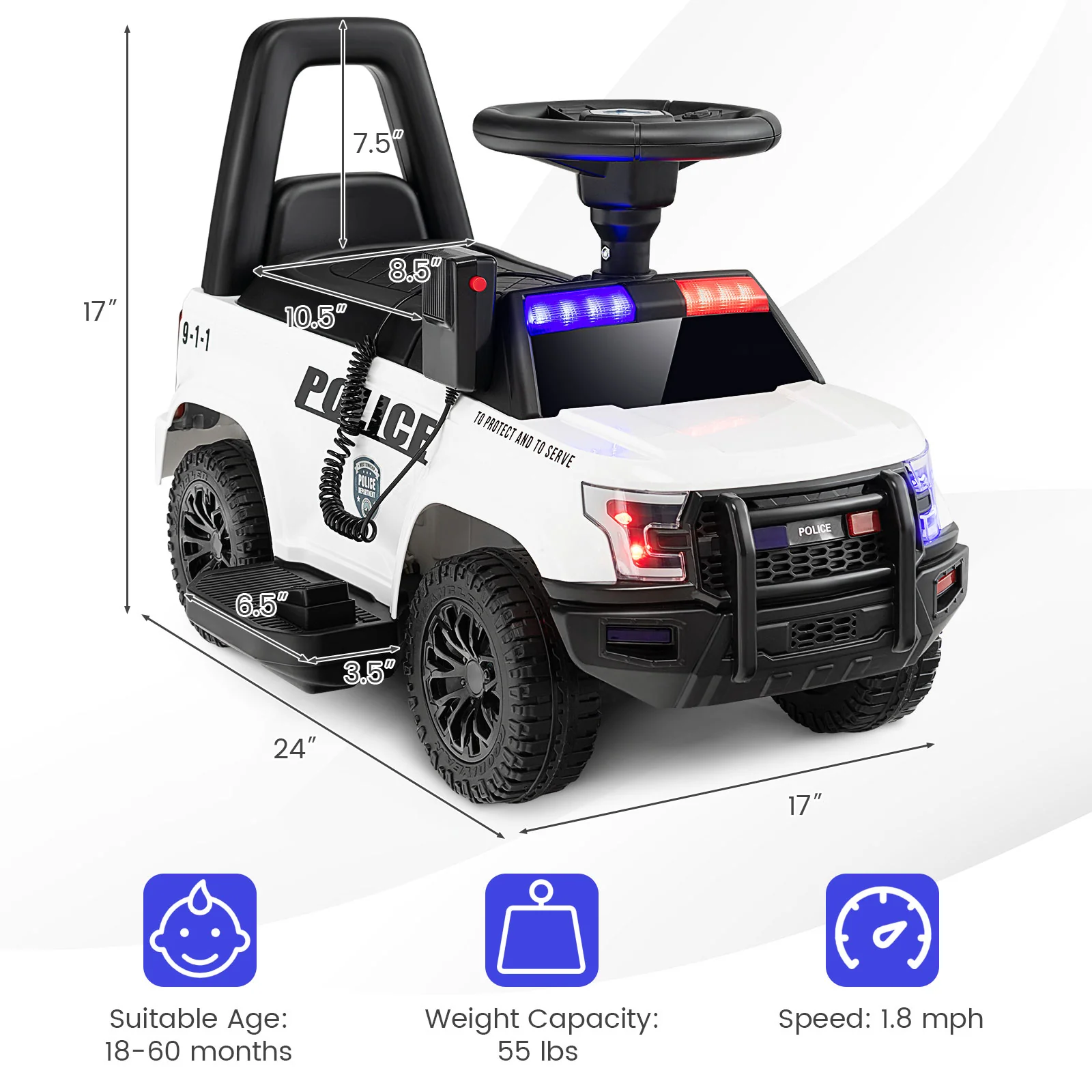 Kids Ride On Police Car, 6V, Real Megaphone Siren Lights, White - Image 5