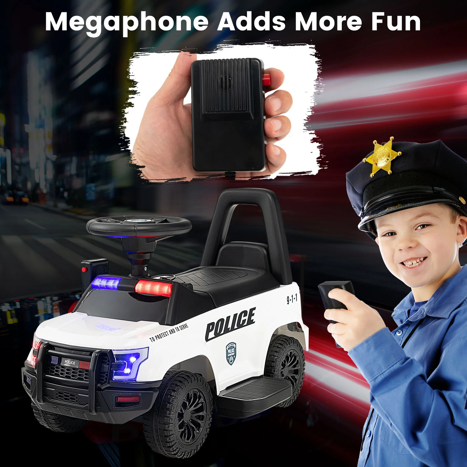 Kids Ride On Police Car, 6V, Real Megaphone Siren Lights, White - Image 9