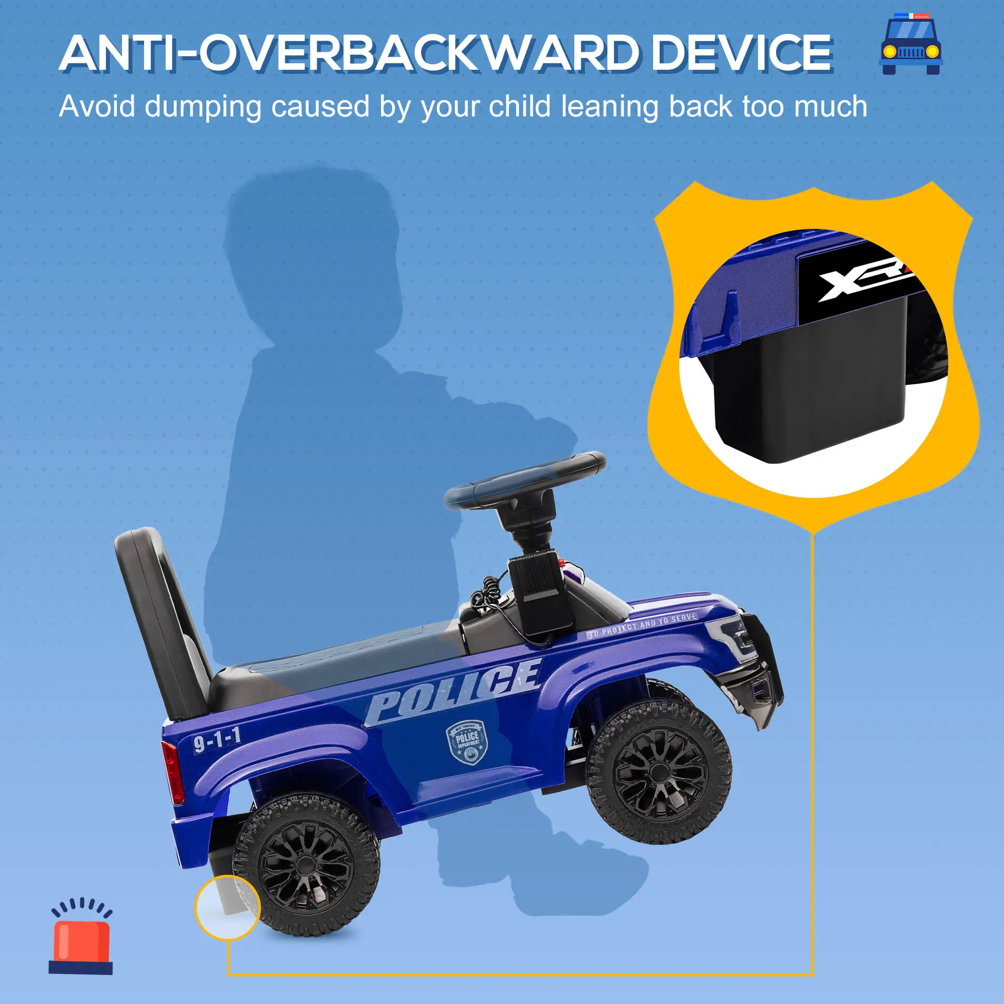 Kids Ride On Police Car, Hidden Storage, Anti Dumping, Blue - Image 6