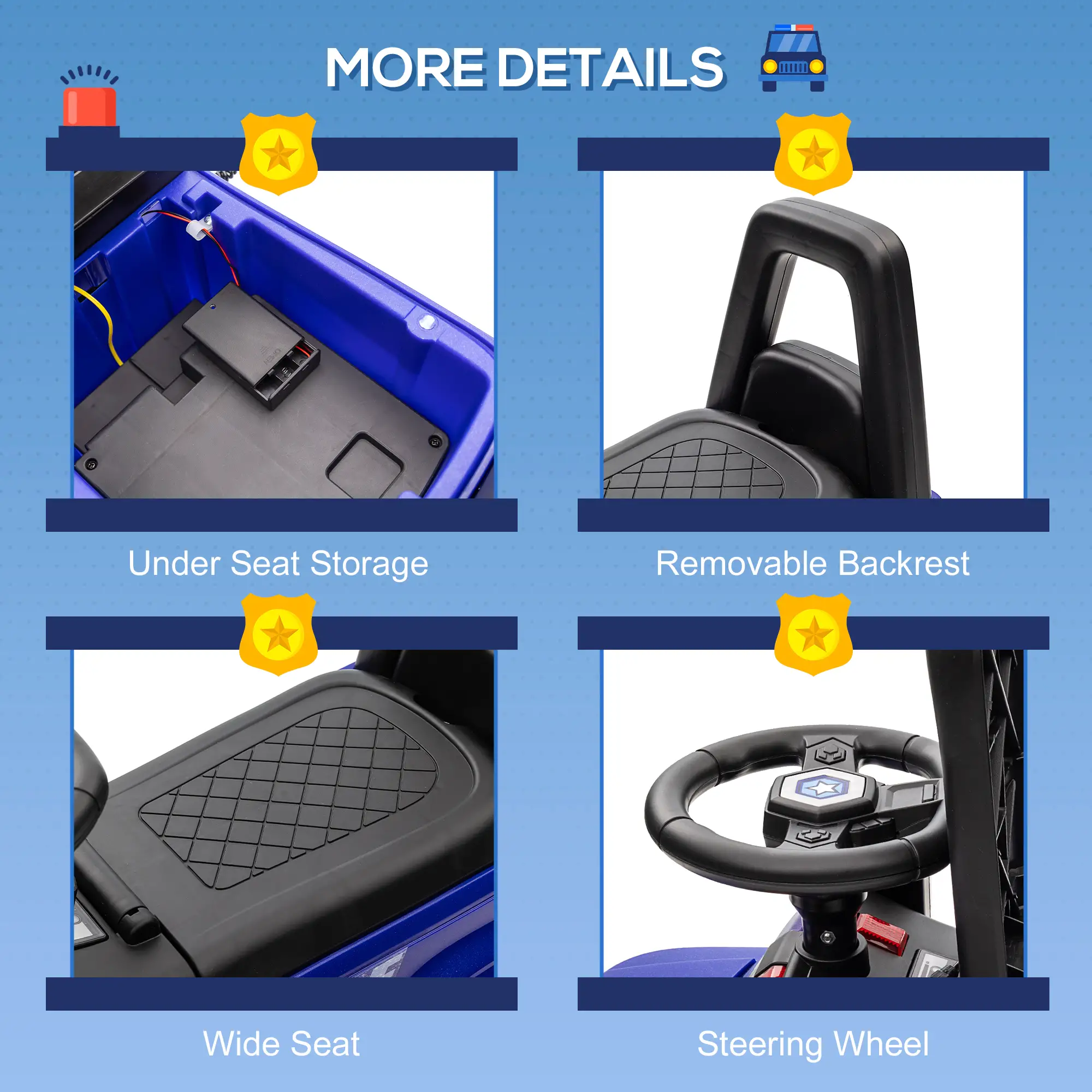 Kids Ride On Police Car, Hidden Storage, Anti Dumping, Blue - Image 7