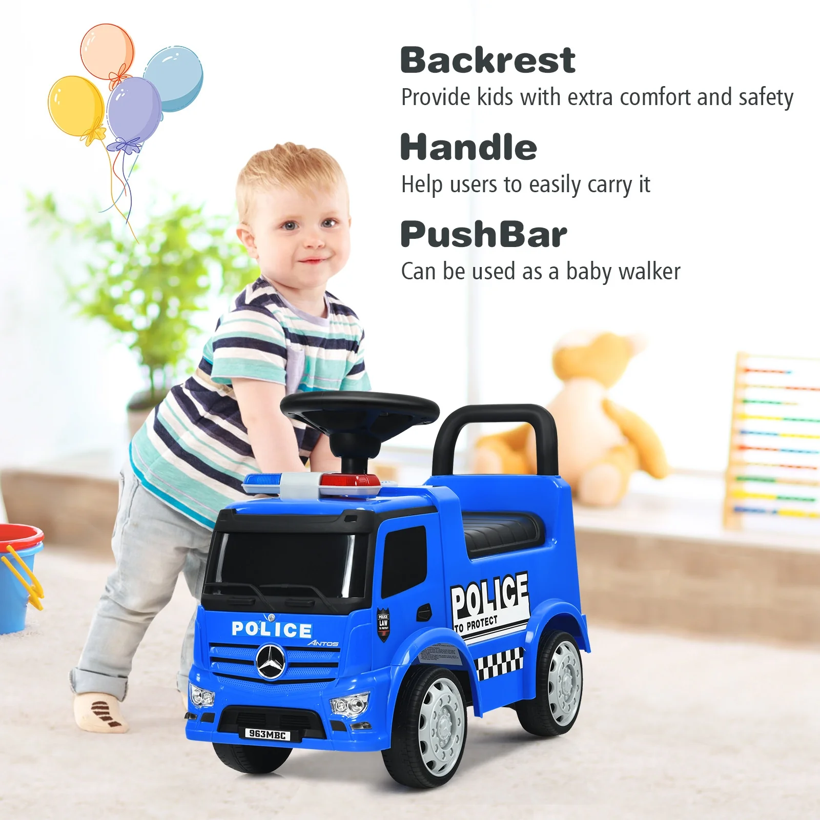 Kids Ride On Push Police Car, Blue - Image 10