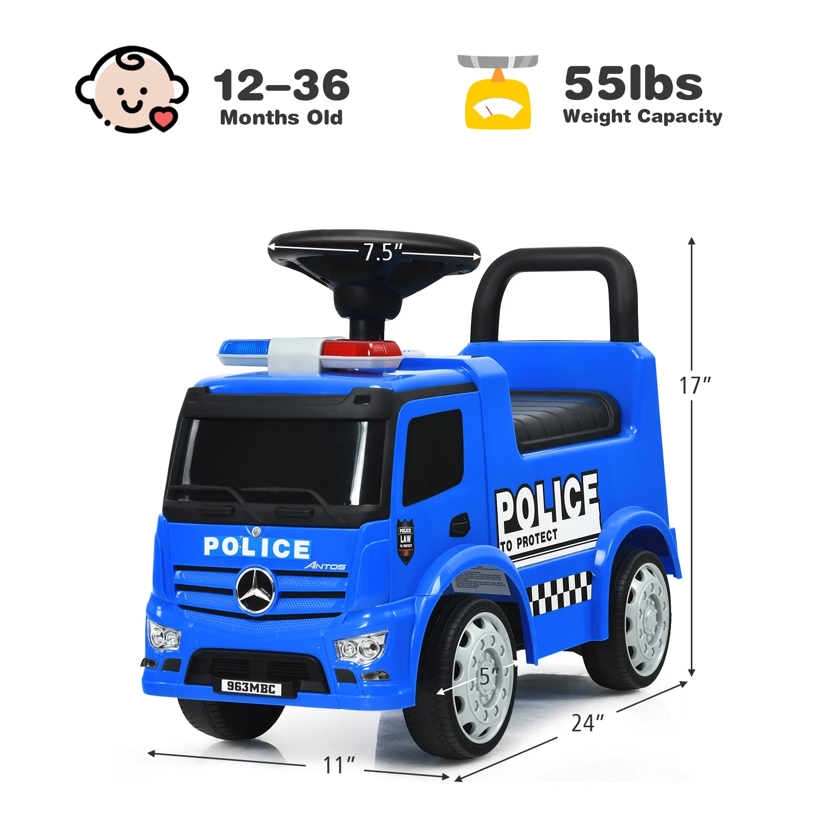 Kids Ride On Push Police Car, Blue - Image 6
