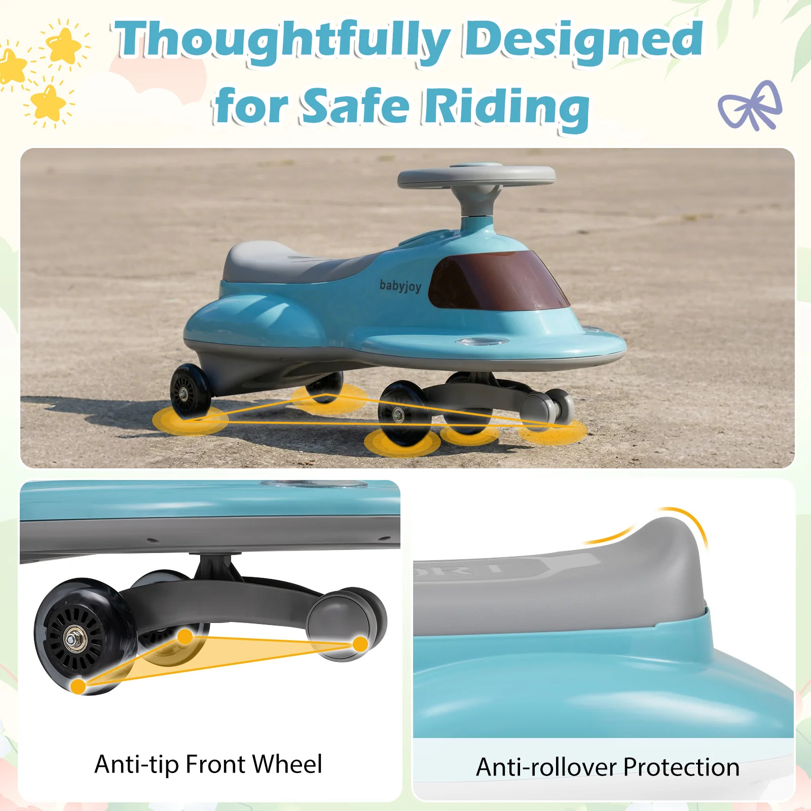 Kids Ride On Toy with Under-seat Storage and LED Flashing Wheels, Blue - Image 10