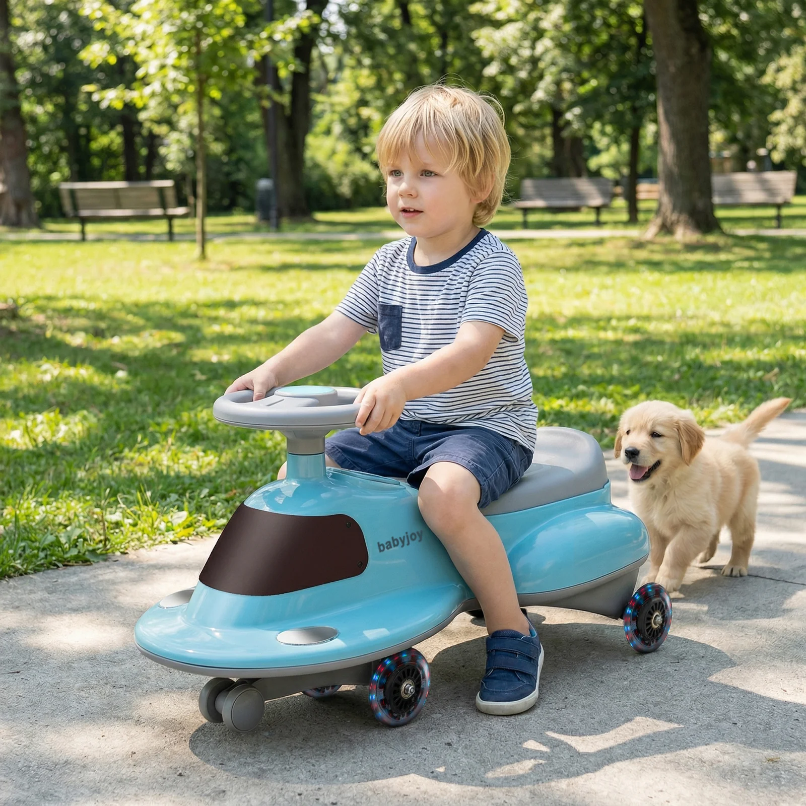 Kids Ride On Toy with Under-seat Storage and LED Flashing Wheels, Blue - Image 2