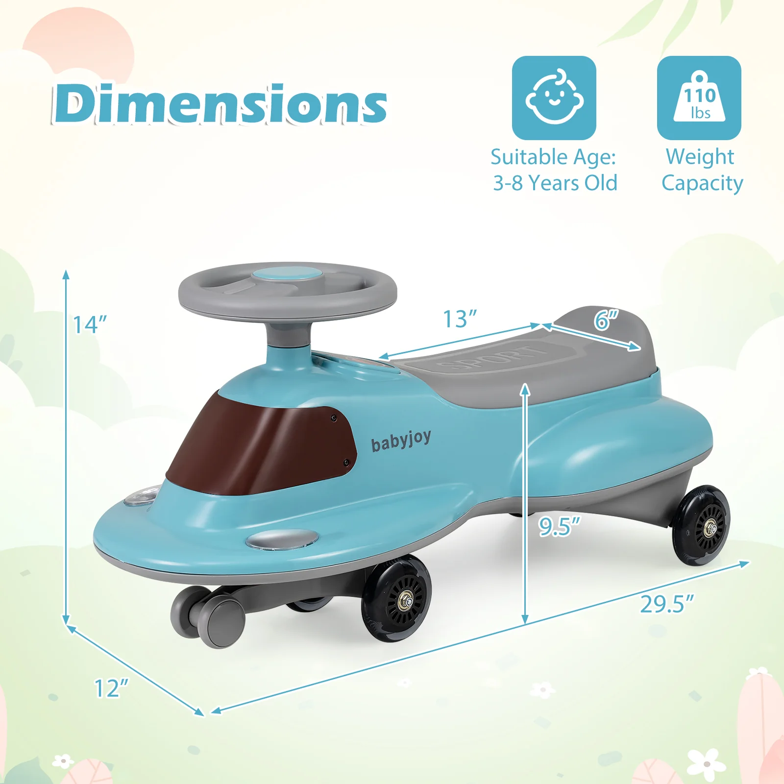 Kids Ride On Toy with Under-seat Storage and LED Flashing Wheels, Blue - Image 6