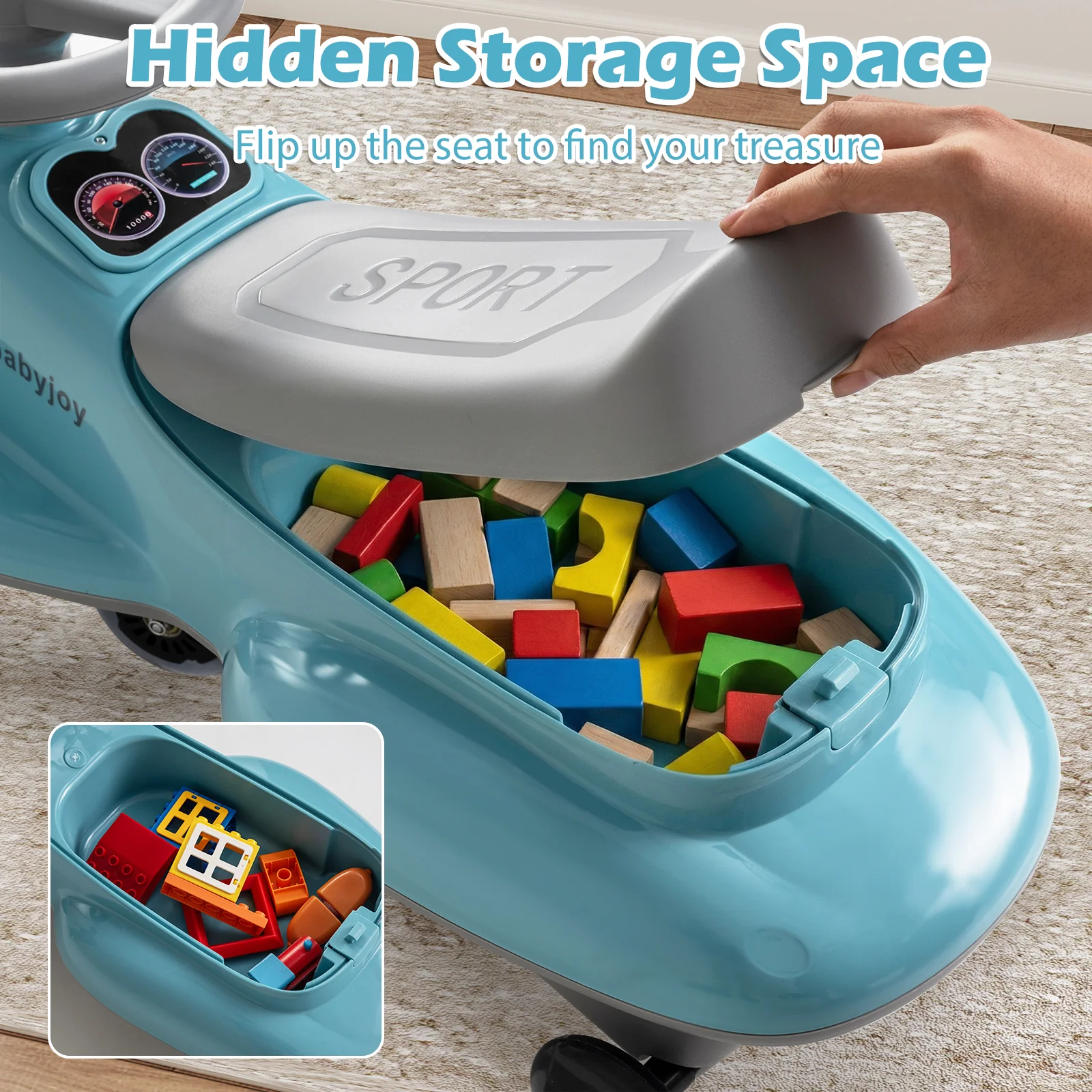 Kids Ride On Toy with Under-seat Storage and LED Flashing Wheels, Blue - Image 8