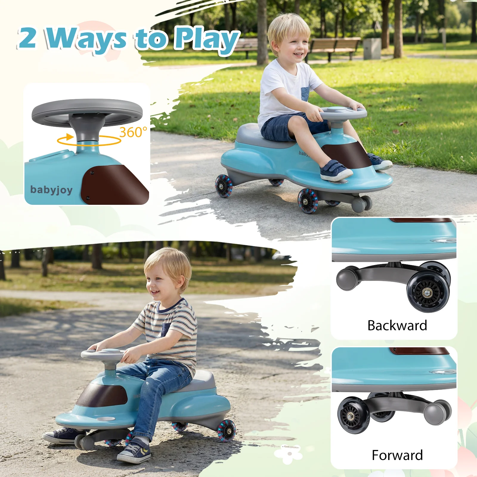 Kids Ride On Toy with Under-seat Storage and LED Flashing Wheels, Blue - Image 9