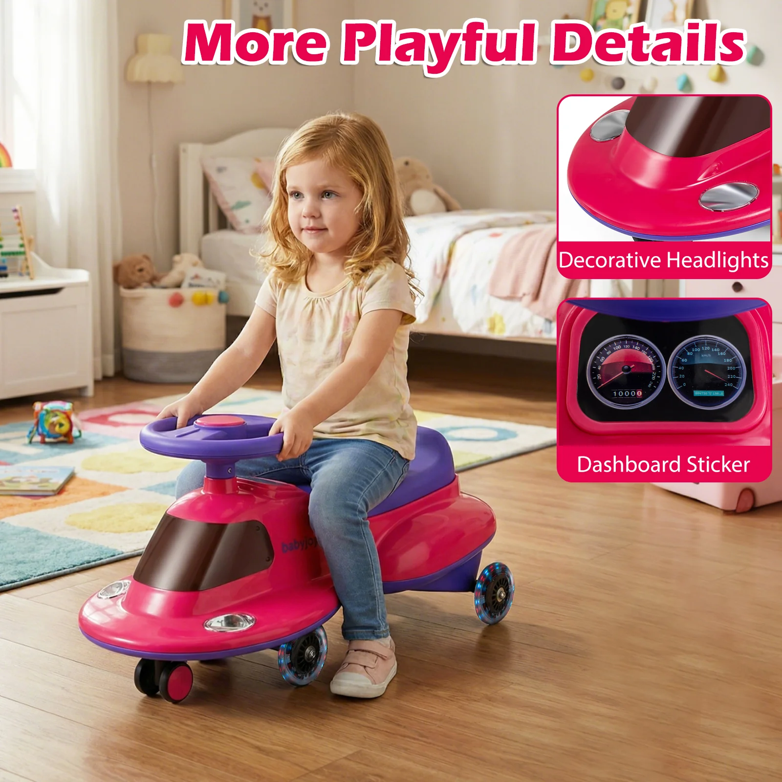 Kids Ride On Toy with Under-seat Storage and LED Flashing Wheels, Pink - Image 10