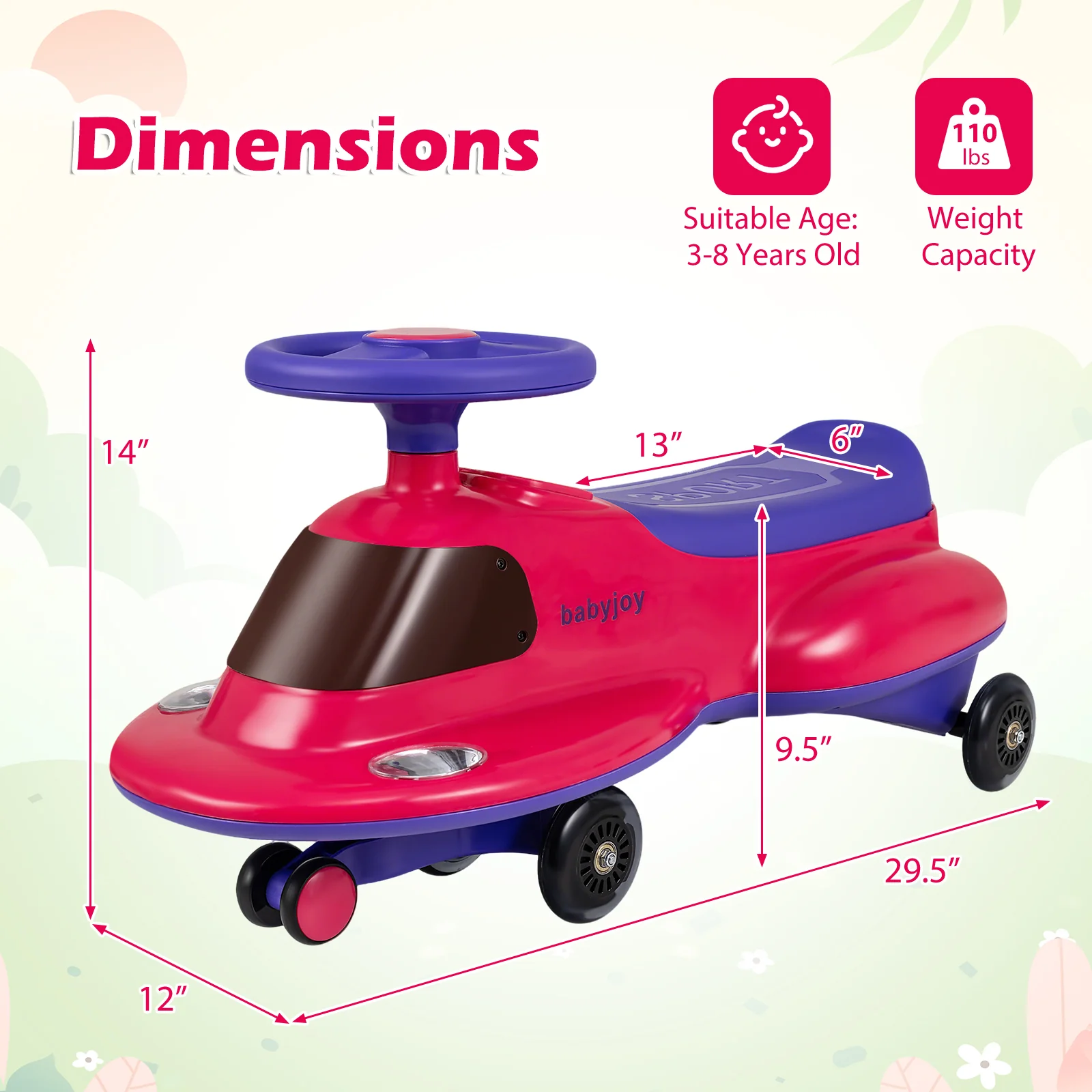Kids Ride On Toy with Under-seat Storage and LED Flashing Wheels, Pink - Image 6