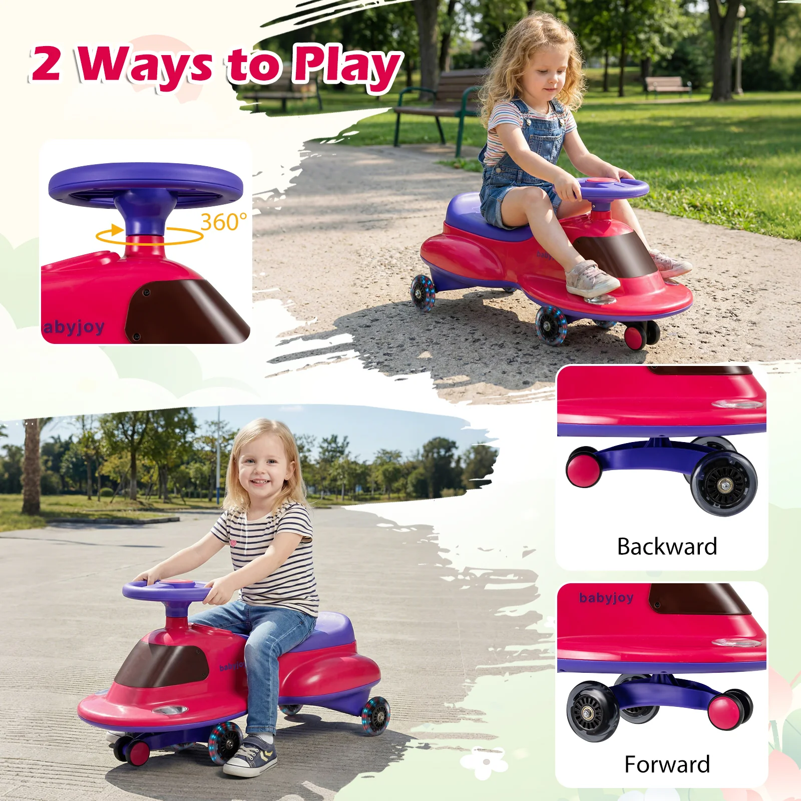 Kids Ride On Toy with Under-seat Storage and LED Flashing Wheels, Pink - Image 8