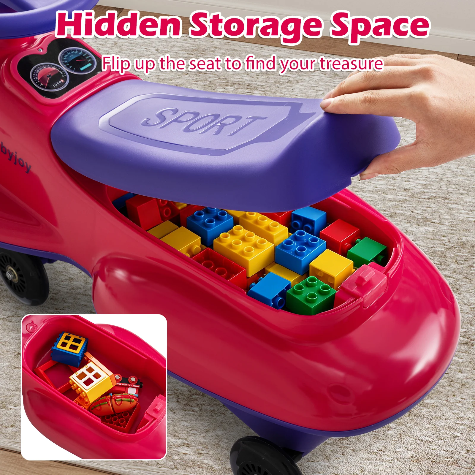 Kids Ride On Toy with Under-seat Storage and LED Flashing Wheels, Pink - Image 9