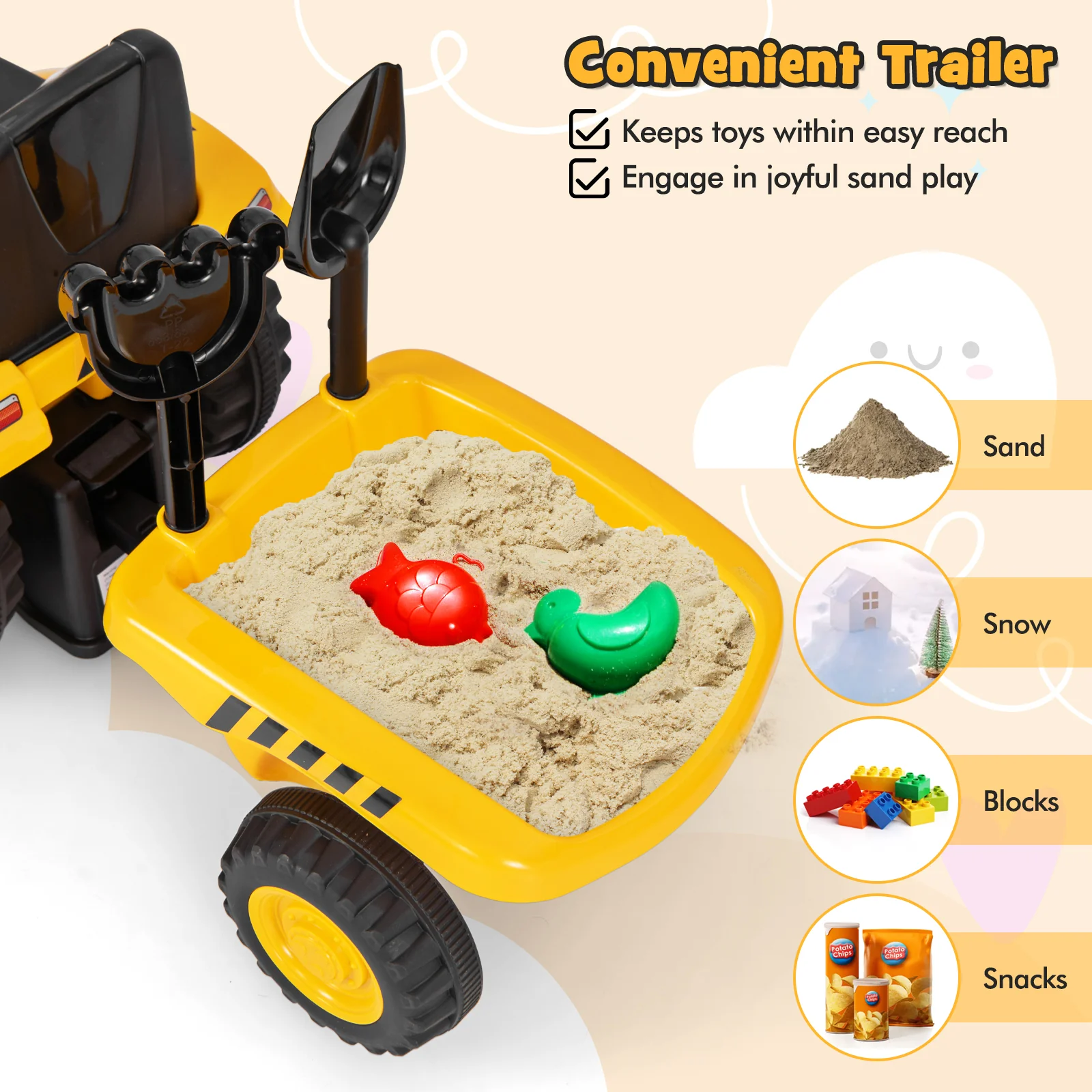 Kids Ride On Tractor, Detachable Trailer, Yellow - Image 10