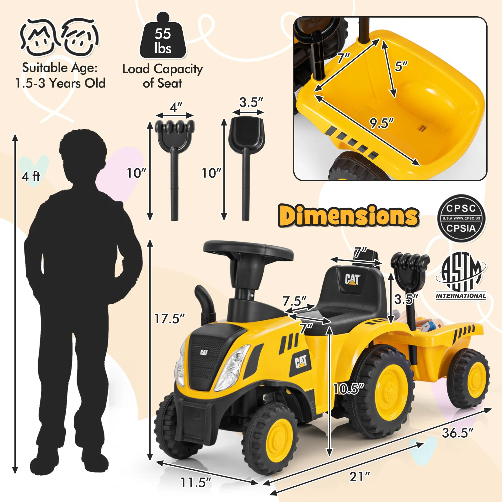 Kids Ride On Tractor, Detachable Trailer, Yellow - Image 5