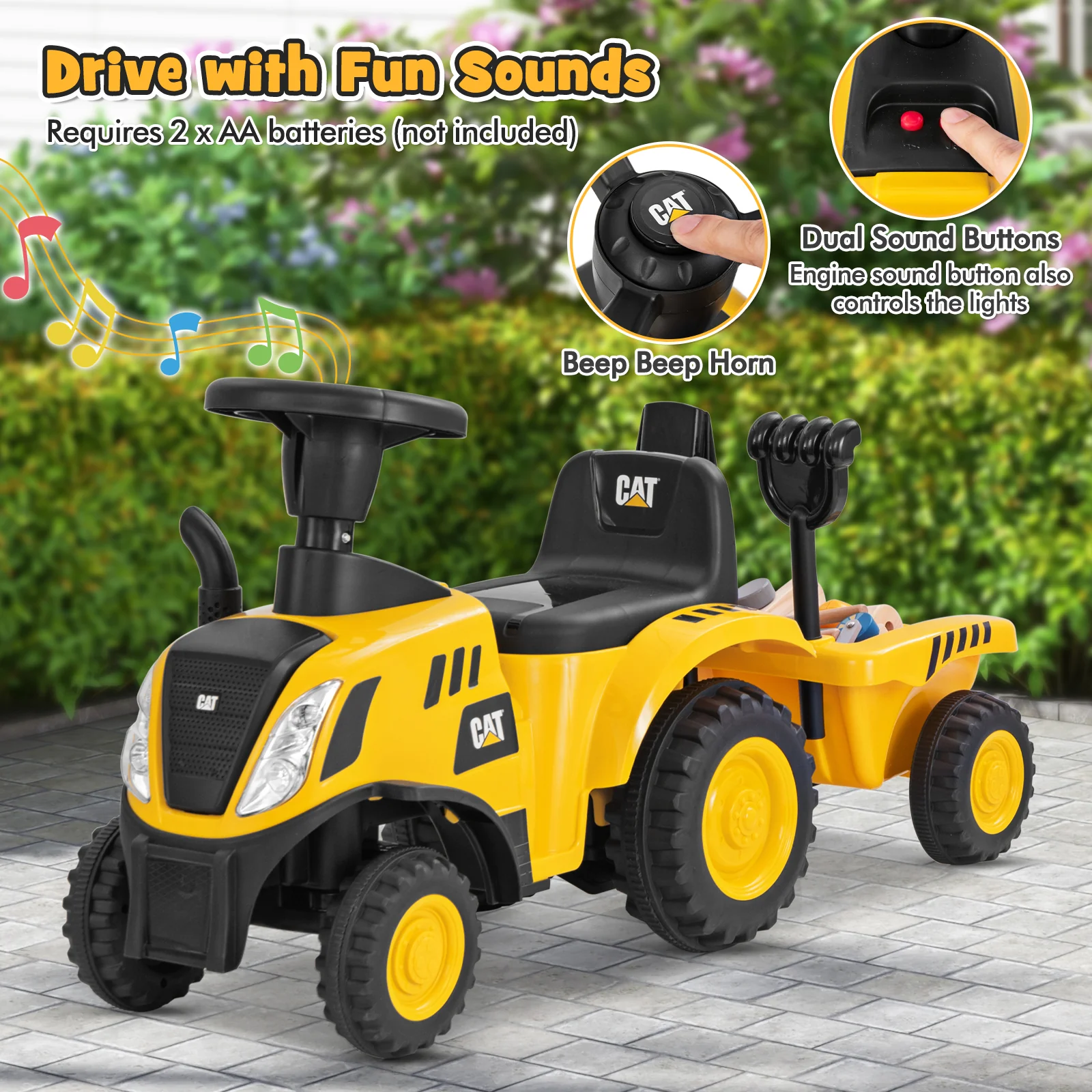 Kids Ride On Tractor, Detachable Trailer, Yellow - Image 6