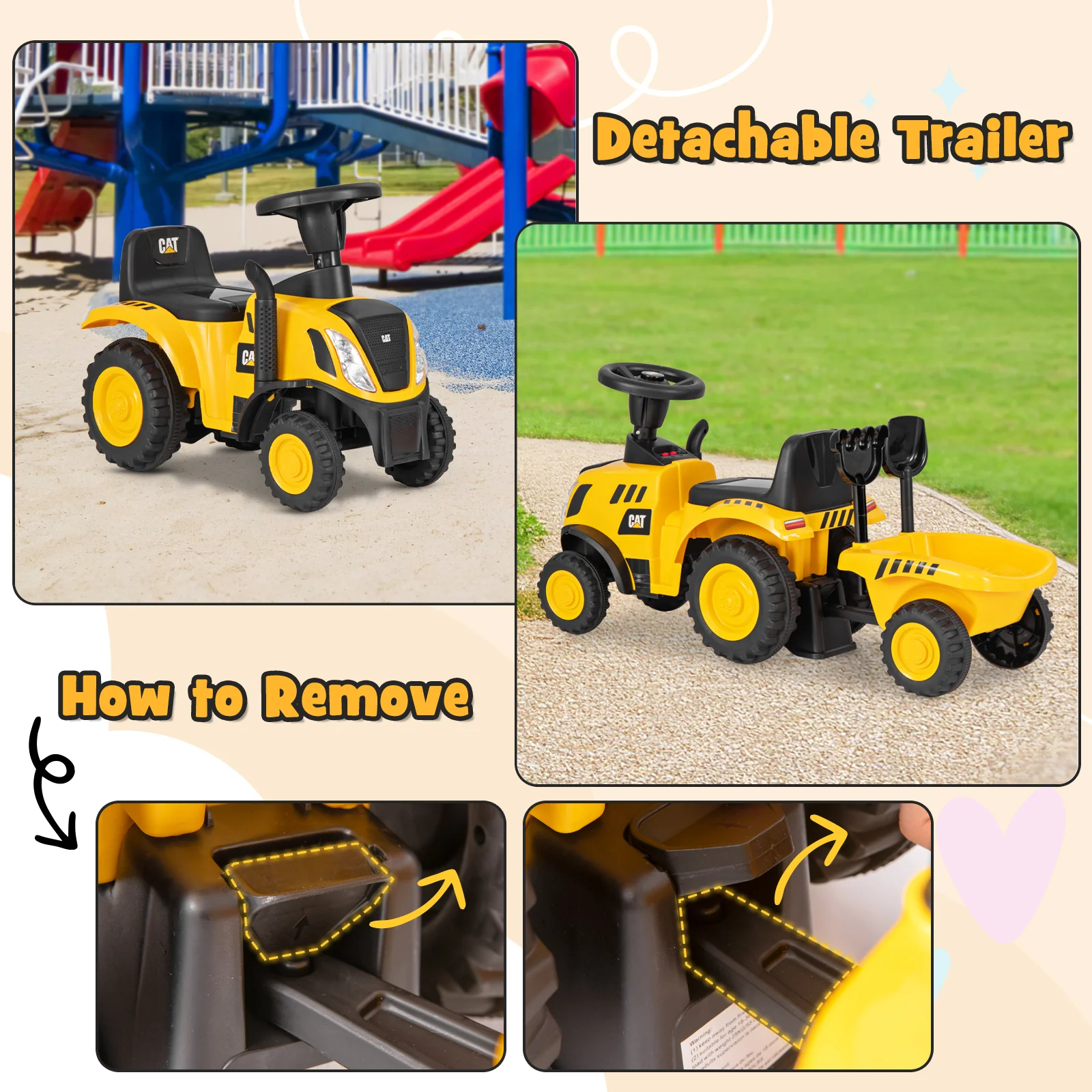 Kids Ride On Tractor, Detachable Trailer, Yellow - Image 7