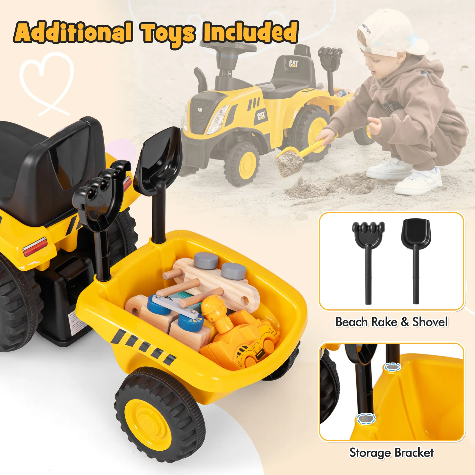 Kids Ride On Tractor, Detachable Trailer, Yellow - Image 8