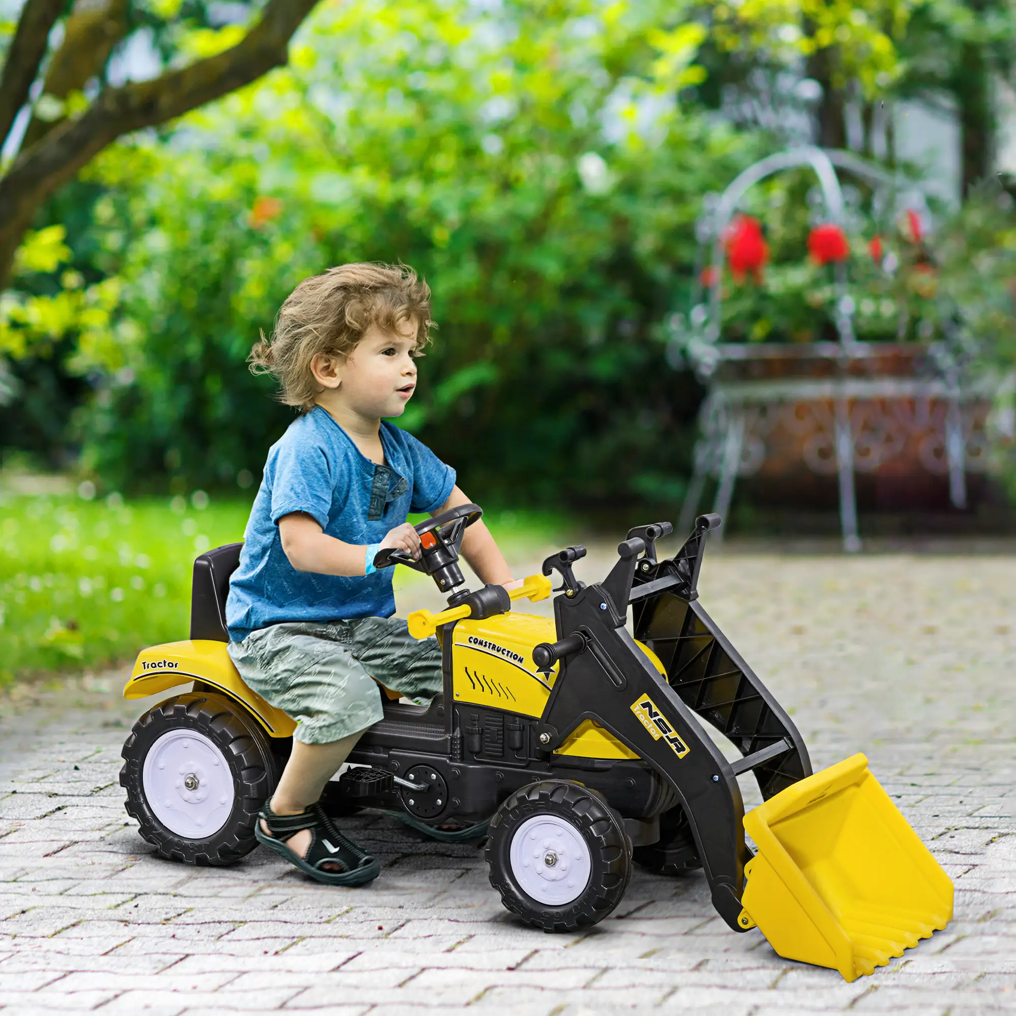 Kids Ride On Tractor, Pedal Construction Car With Front Loader, Yellow - Image 2