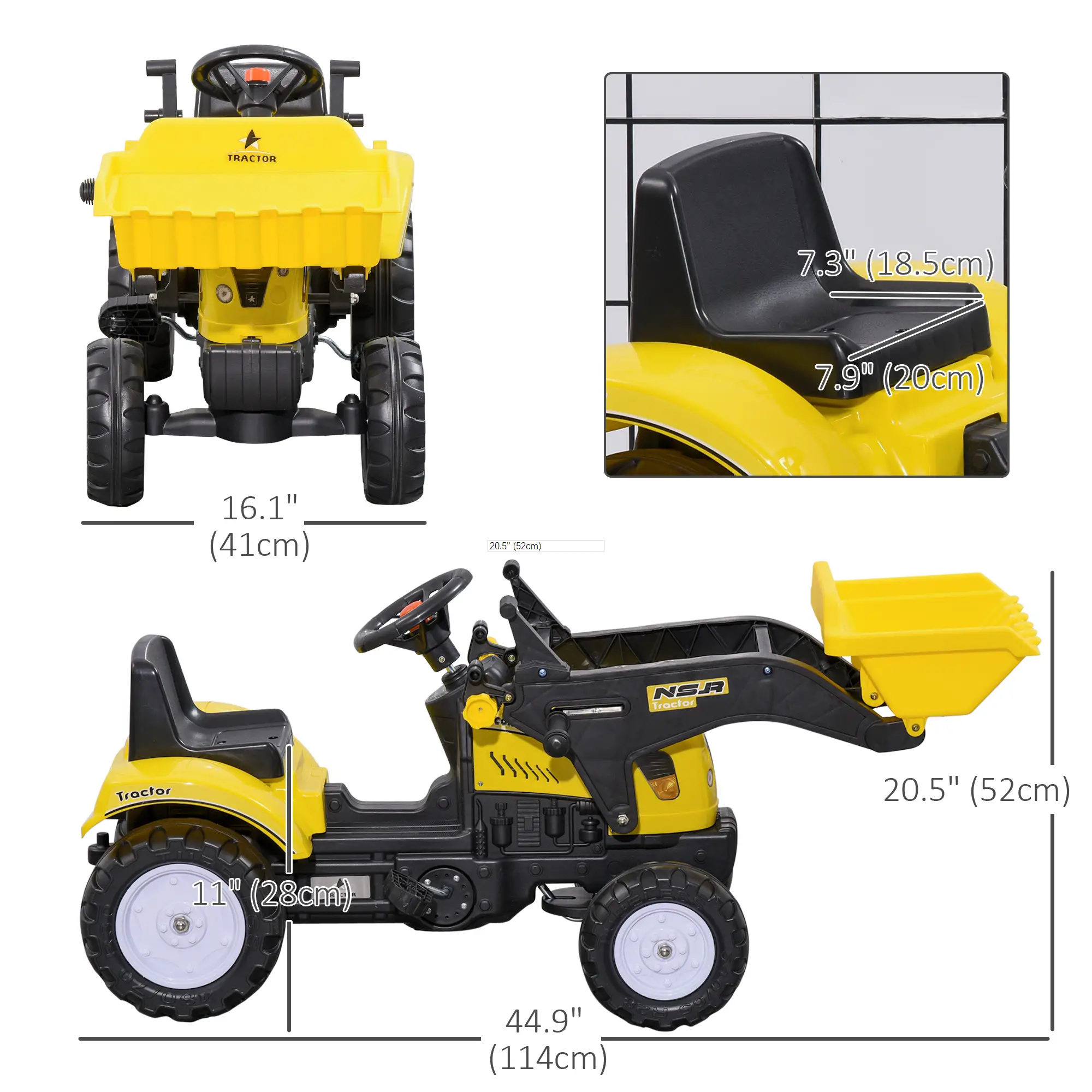 Kids Ride On Tractor, Pedal Construction Car With Front Loader, Yellow - Image 3