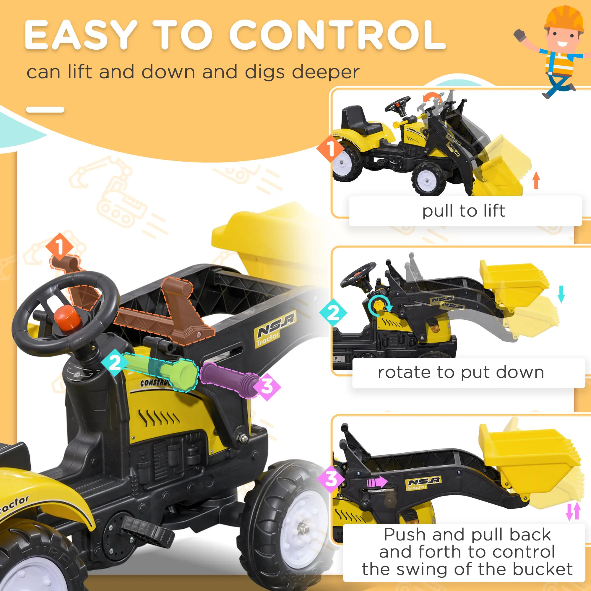 Kids Ride On Tractor, Pedal Construction Car With Front Loader, Yellow - Image 4