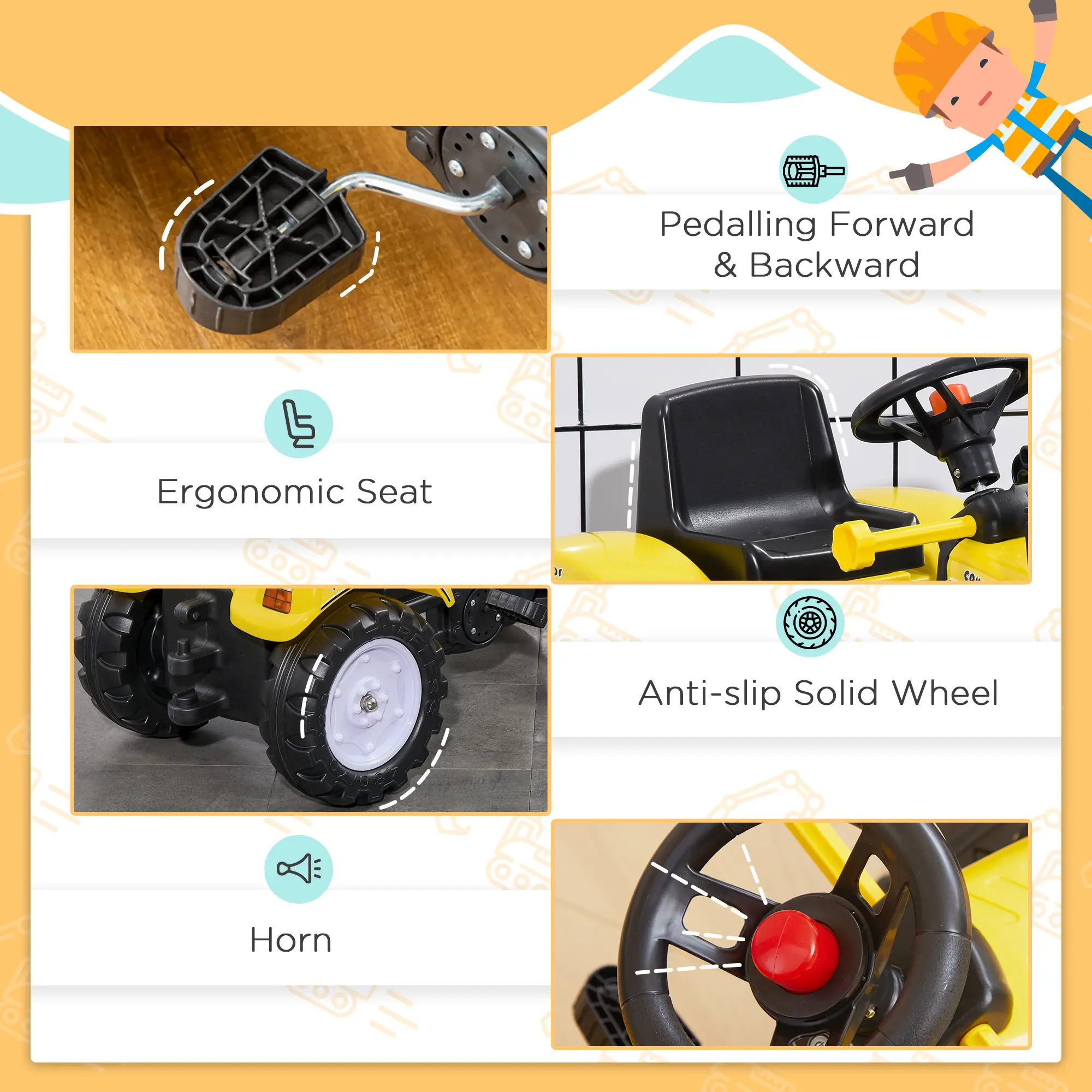 Kids Ride On Tractor, Pedal Construction Car With Front Loader, Yellow - Image 5