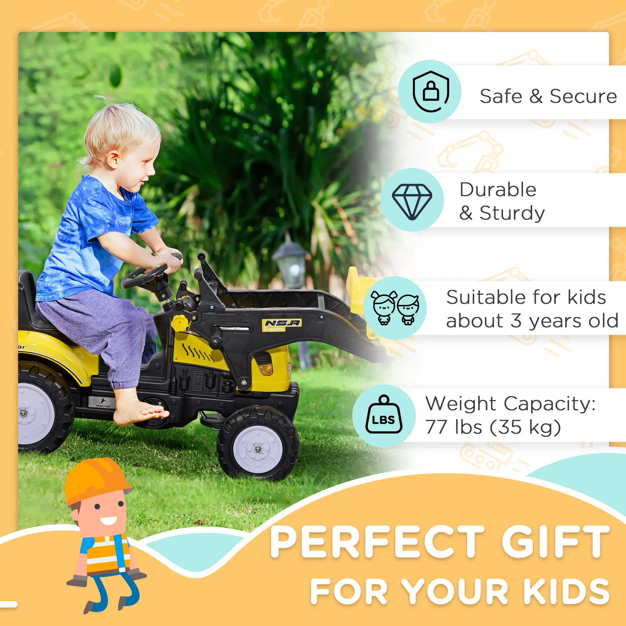 Kids Ride On Tractor, Pedal Construction Car With Front Loader, Yellow - Image 6