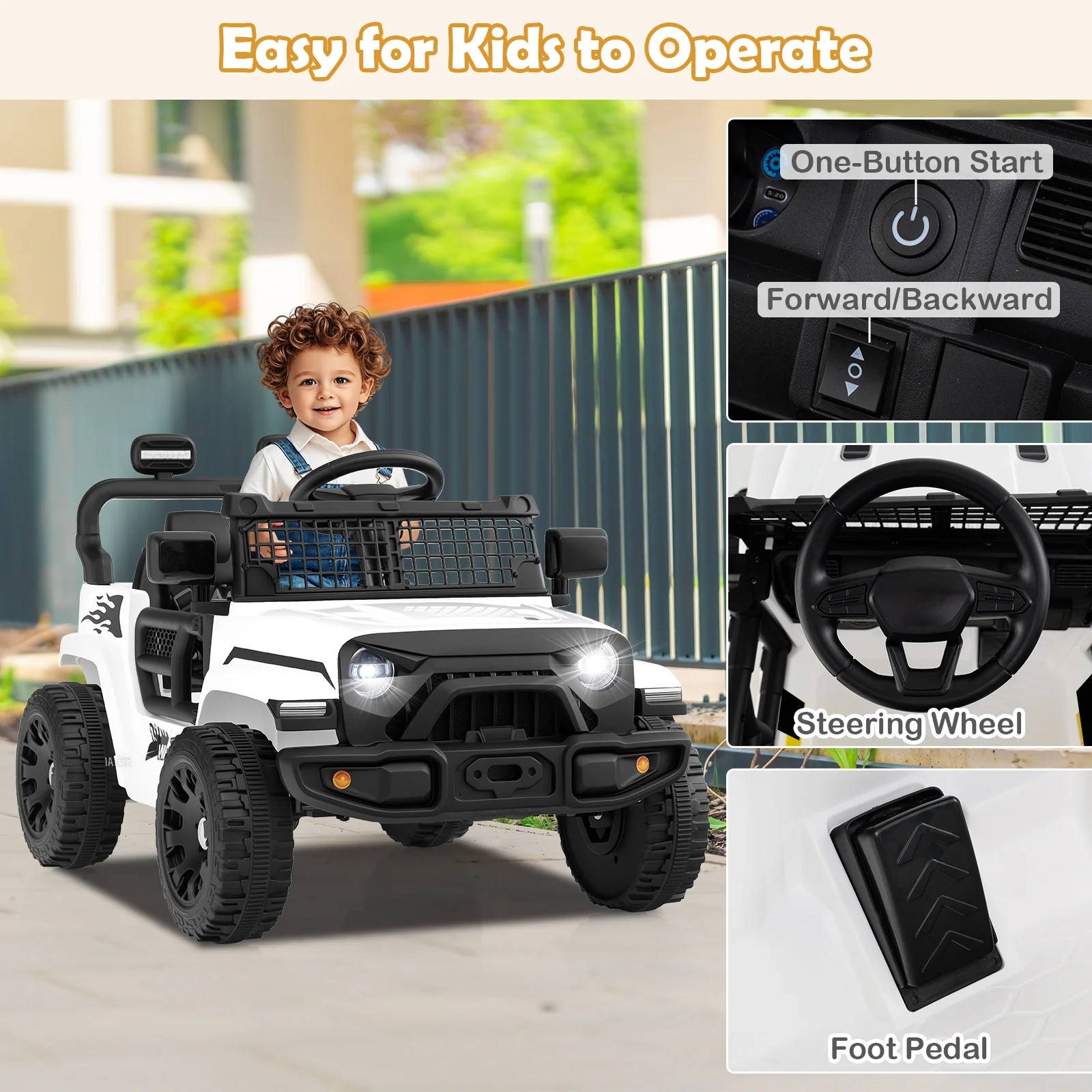 Kids Ride On Truck, 12V Battery Powered Electric Vehicle, White - Image 8