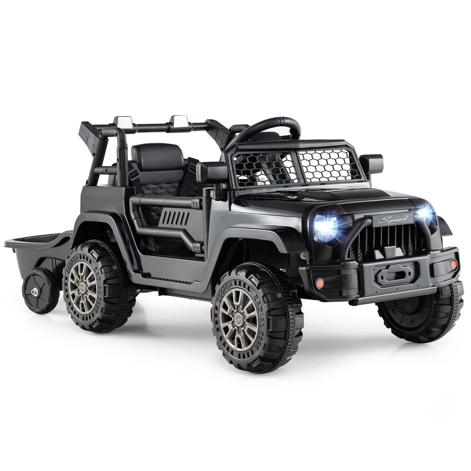 Kids Ride On UTV Car with Detachable Trailer 12V Battery Powered Ride On Truck, Black